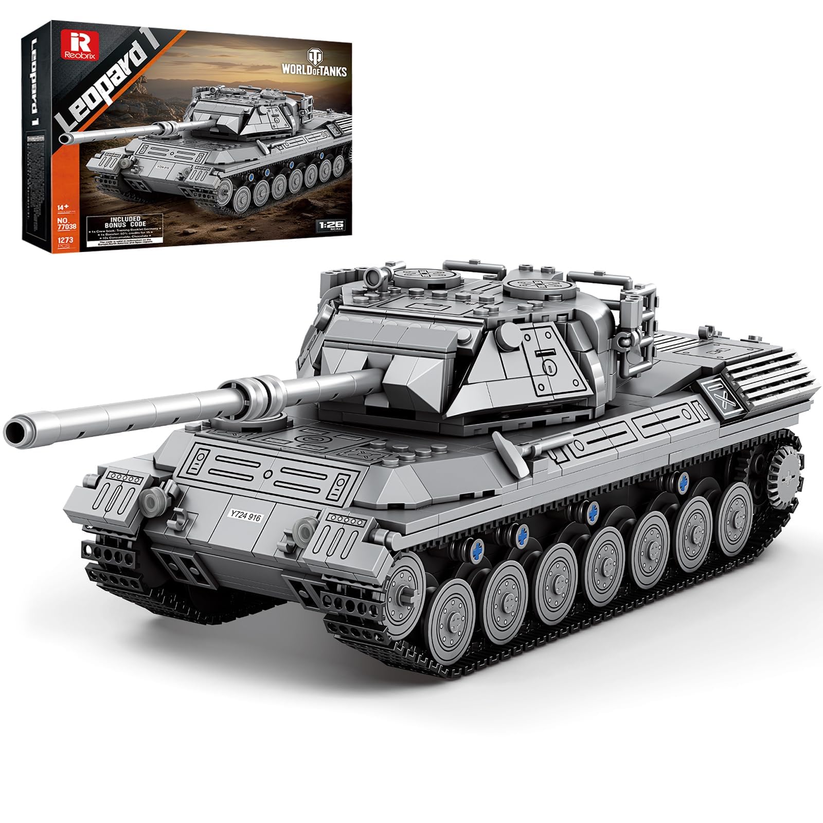 Reobrix Leopard 1 zestaw do budowania czołgów dla dorosłych, licencjonowany model wojskowy 1:26, 1273 szt. wojskowych klocków czołgów z obrotową wieżą, prezent dla dorosłych, chłopców w wieku od 14
