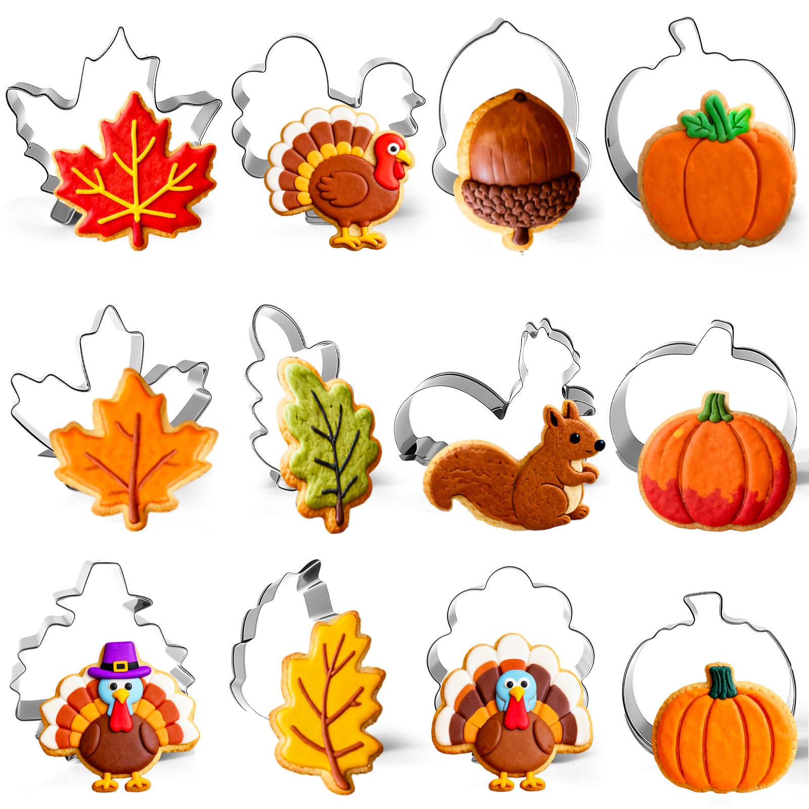 12 Pieces Thanksgiving Cookie Cutters Set, Mini Stainless Steel Cute Cookies Cutter Includes Pumpkin, Turkey, Maple, Oak Leaf