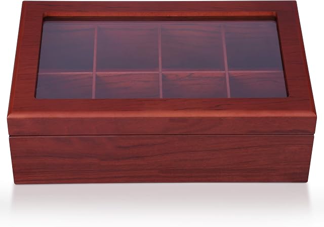 Apace Living Tea Box - Luxury Wooden Tea Storage Chest from the Premier Collection - 8 Adjustable Compartment Tea Bags Organizer Container - Elegantly Handmade w/Scratch Resistant Window