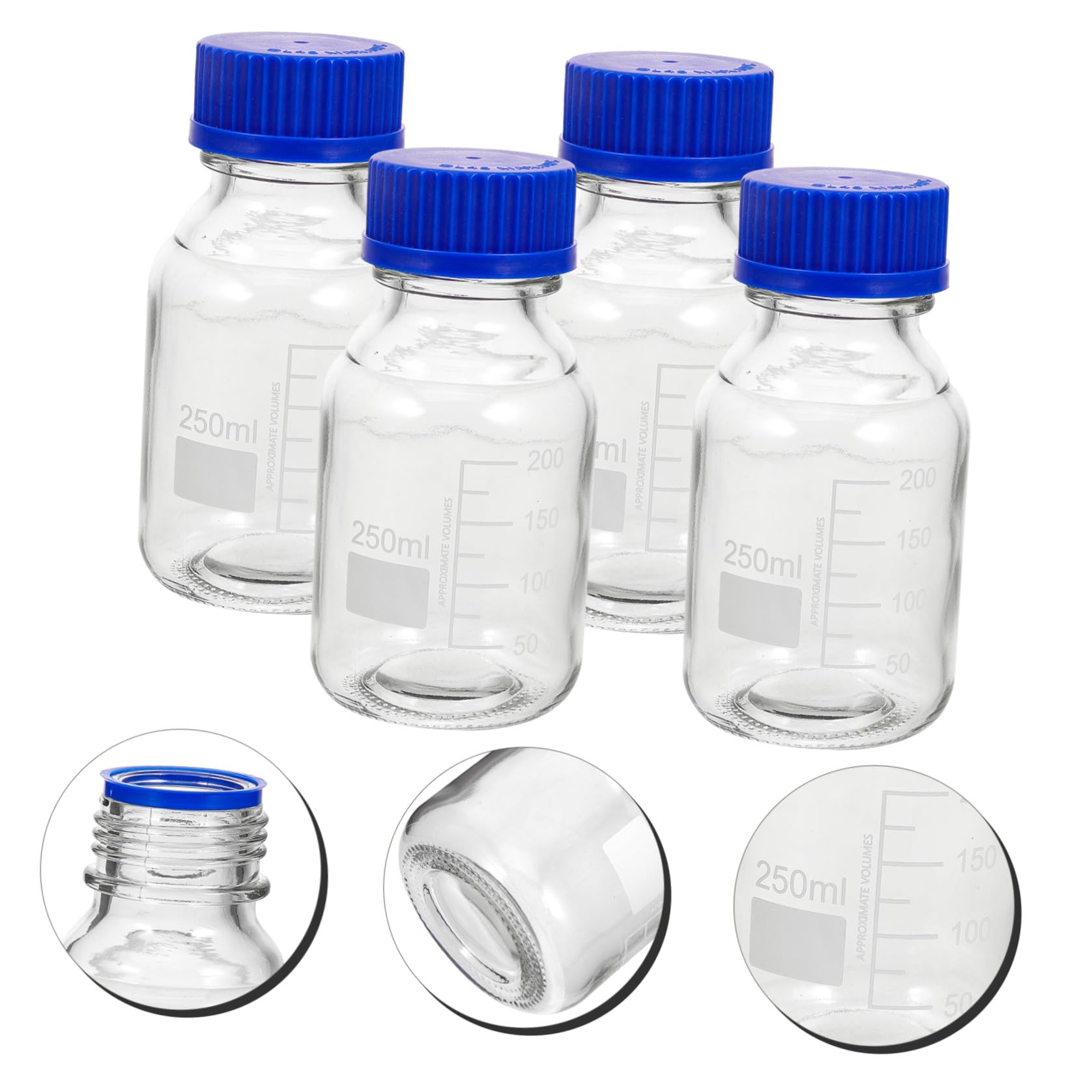 Zerodeko 4 Piezas Botella de Reactivo de Vidrio con Tapa de Rosca Azul, Capacidad 250ml, Diseño Graduado Reutilizable y Resistente al Desgaste para Laboratorios