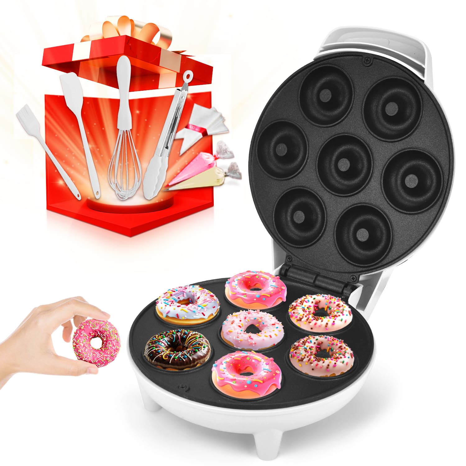 DSP Mini Donut Maker - Non-Stick, Cool Touch Electric Doughnut Machine for Mini Donuts - Perfect for Breakfast, Snacks & Desserts (White, 7 Donuts)