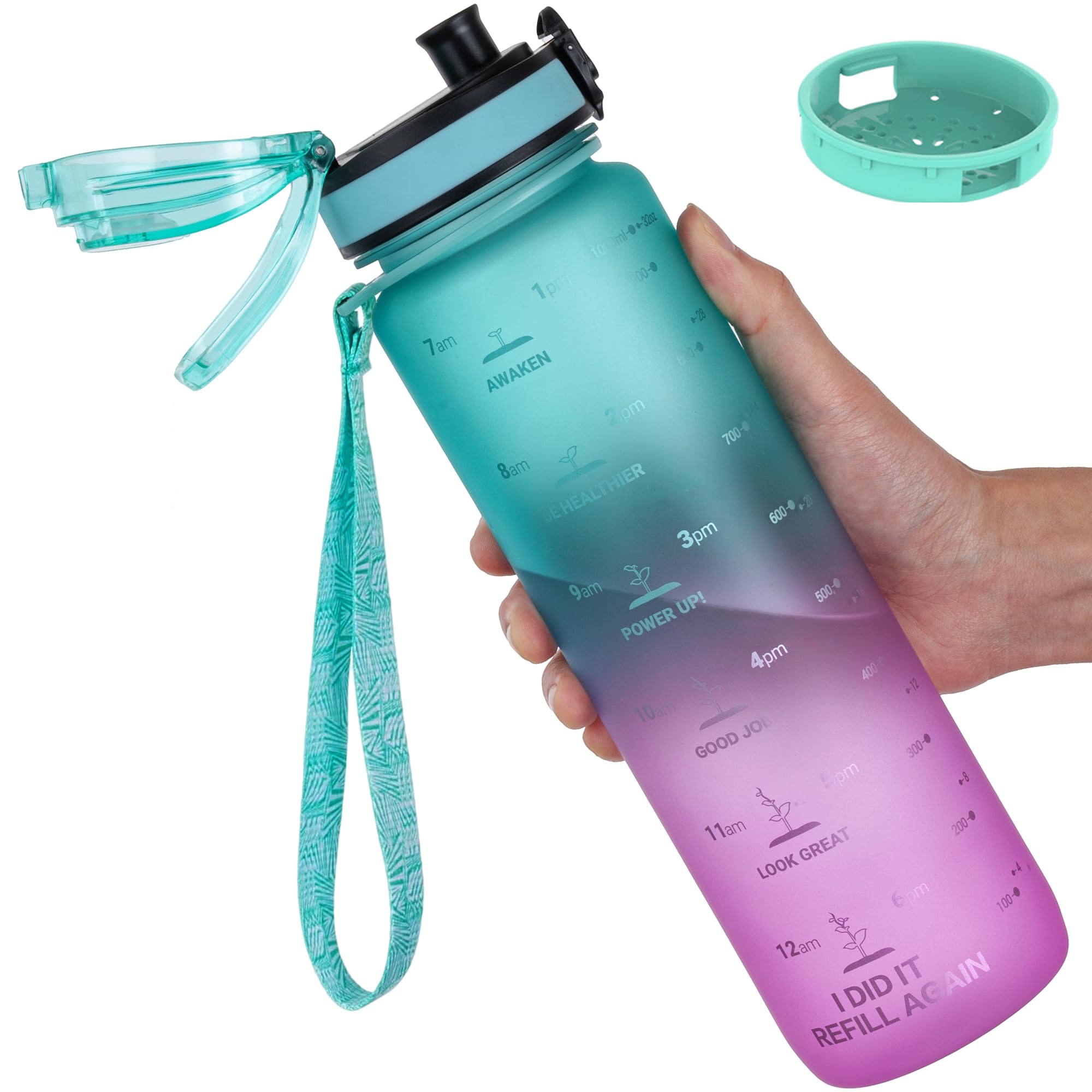 GOPPUS 1L/32oz Tritan Water Bottle (No Straw)-Soft Matte Finish Drink Bottle with Measurements Bottles with Lockable Flip Top Motivational Bottles with Time Marks for Adults BPA Free (Green Purple)