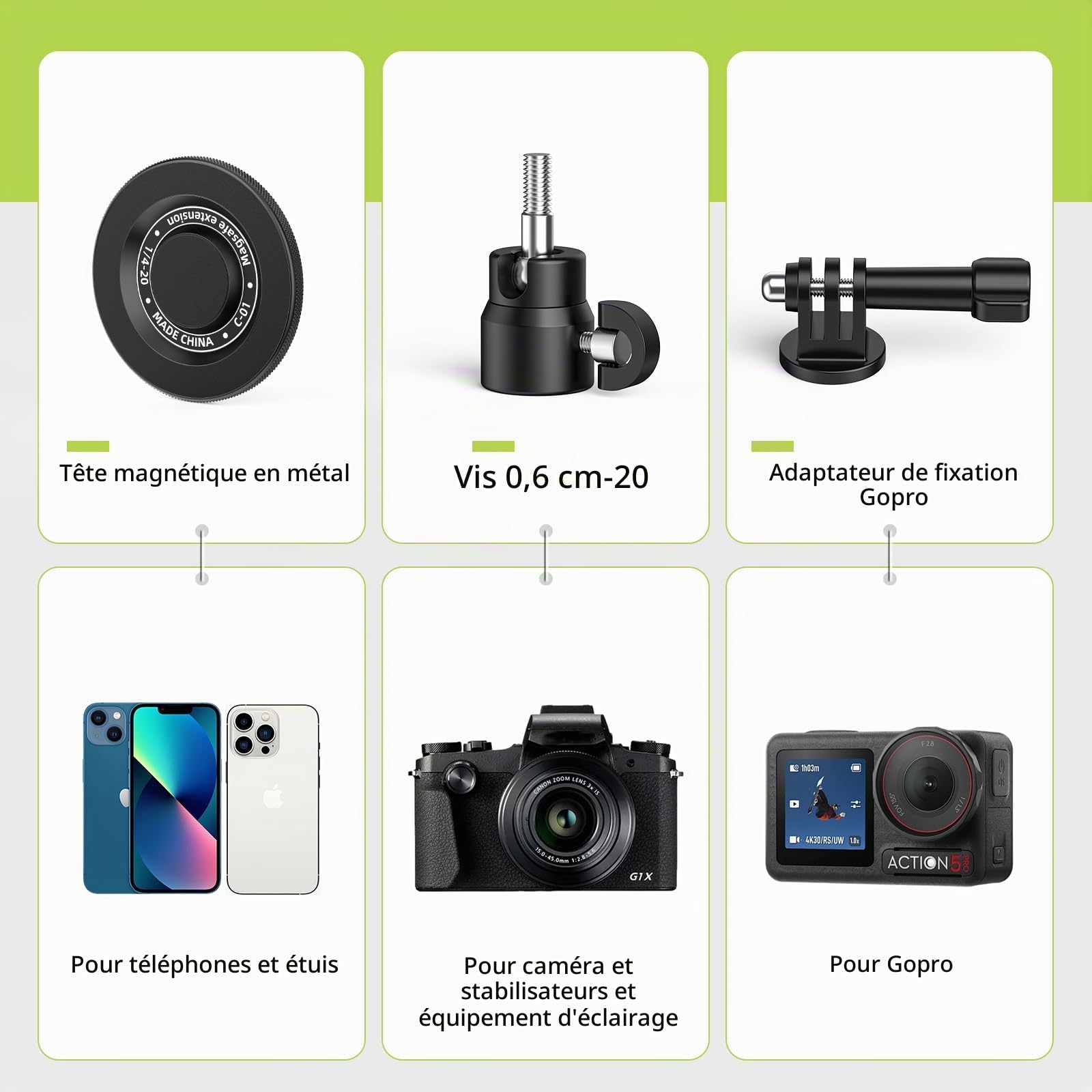 CAMOLOGEEK Monopode et trépied Perche à selfie pour enregistrer le golf Swing Entraînement Aide à l'entraînement avec piquet de terre et adaptateur pour GoPro et vis 6,35 mm, support magnétique de
