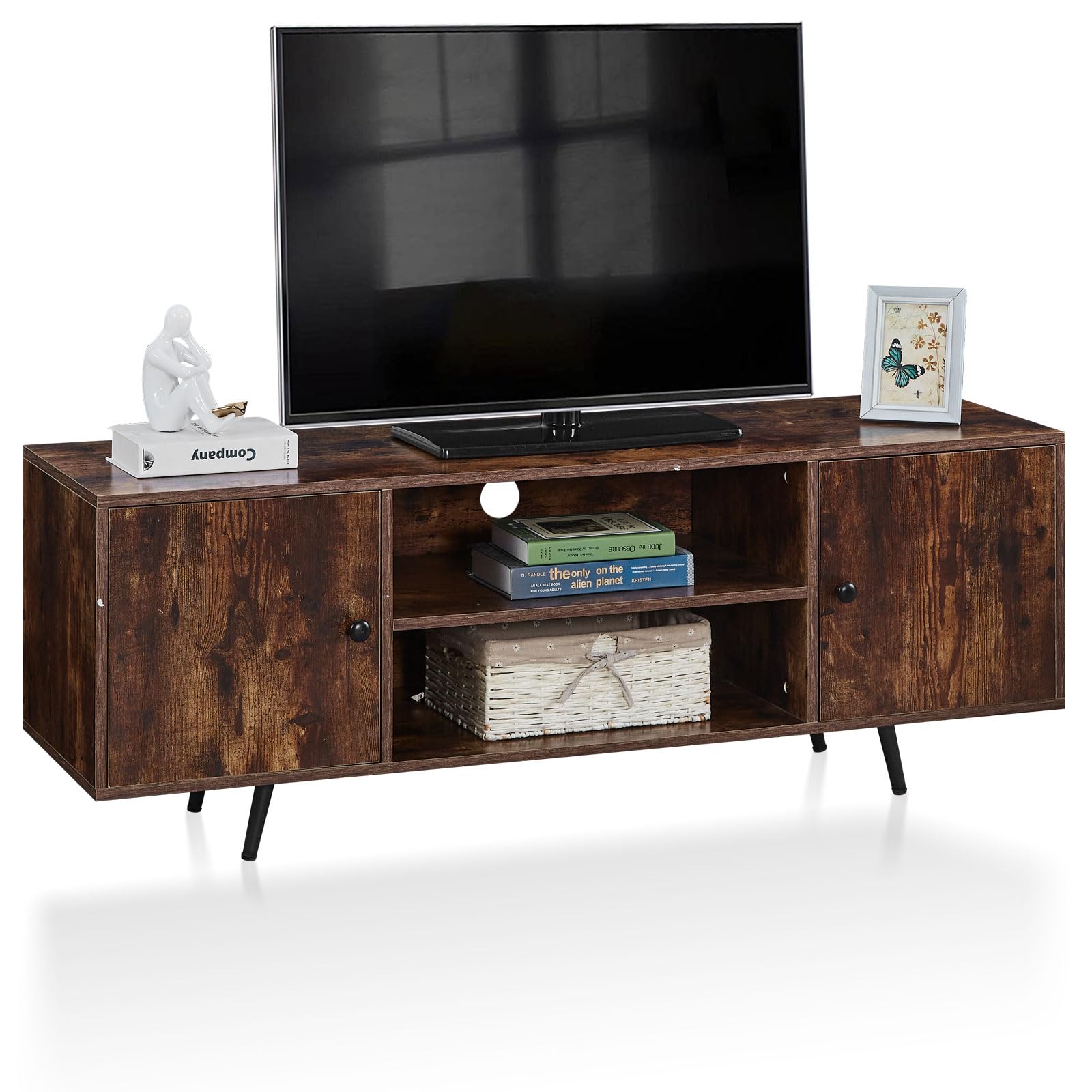 TUKAILAi Industrial TV Cabinet for 55 inch TVs 140CM TV Stand with 2 Doors Cabinet Storage Shelves Wooden Media Entertainment Center for Living Room