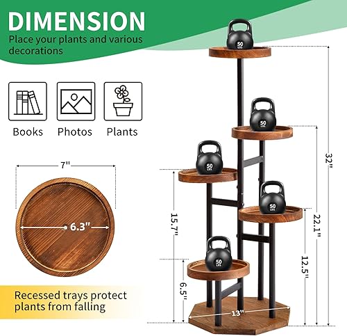 Miniatura 2 de TEAKMAMA Soporte alto para plantas de 5 niveles, soporte alto de metal para plantas de interior con ranuras profundas anticaídas para múltiples