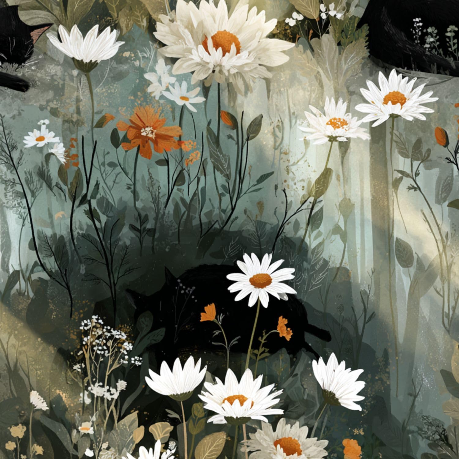 Rivestimento autoadesivo per mensole e armadietti, motivo gatto nero, disegnato a mano, fiori di campo nebbiosi, 45 cm x 3 m, carta da parati autoadesiva per armadi da cucina e cassetti