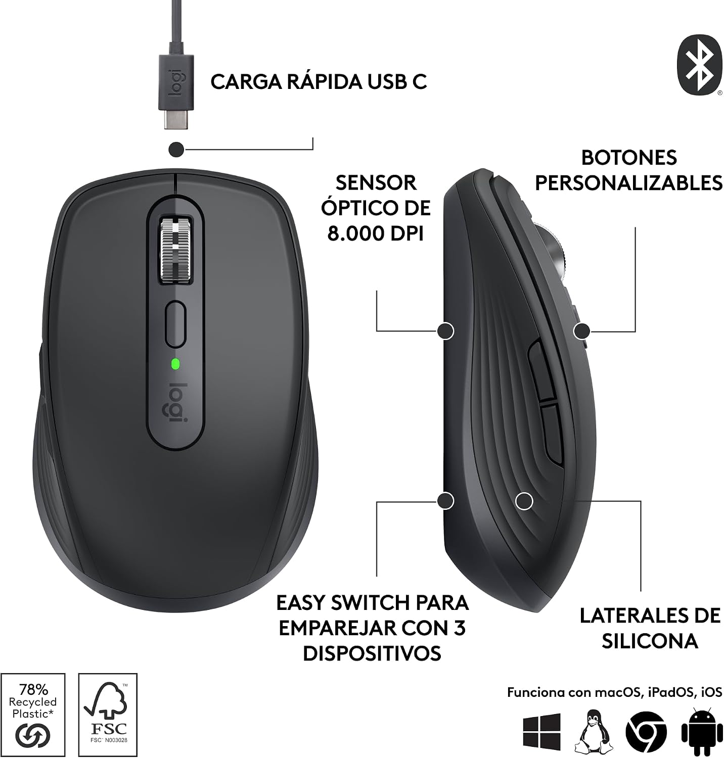 Logitech MX Anywhere 3S Ratón Inalámbrico Compacto, Desplazamiento Rápido, 8K dpi, Clics Silenciosos, Botones Programables, USB C, Bluetooth, Windows PC, Linux, Chrome, Mac – Gris 8