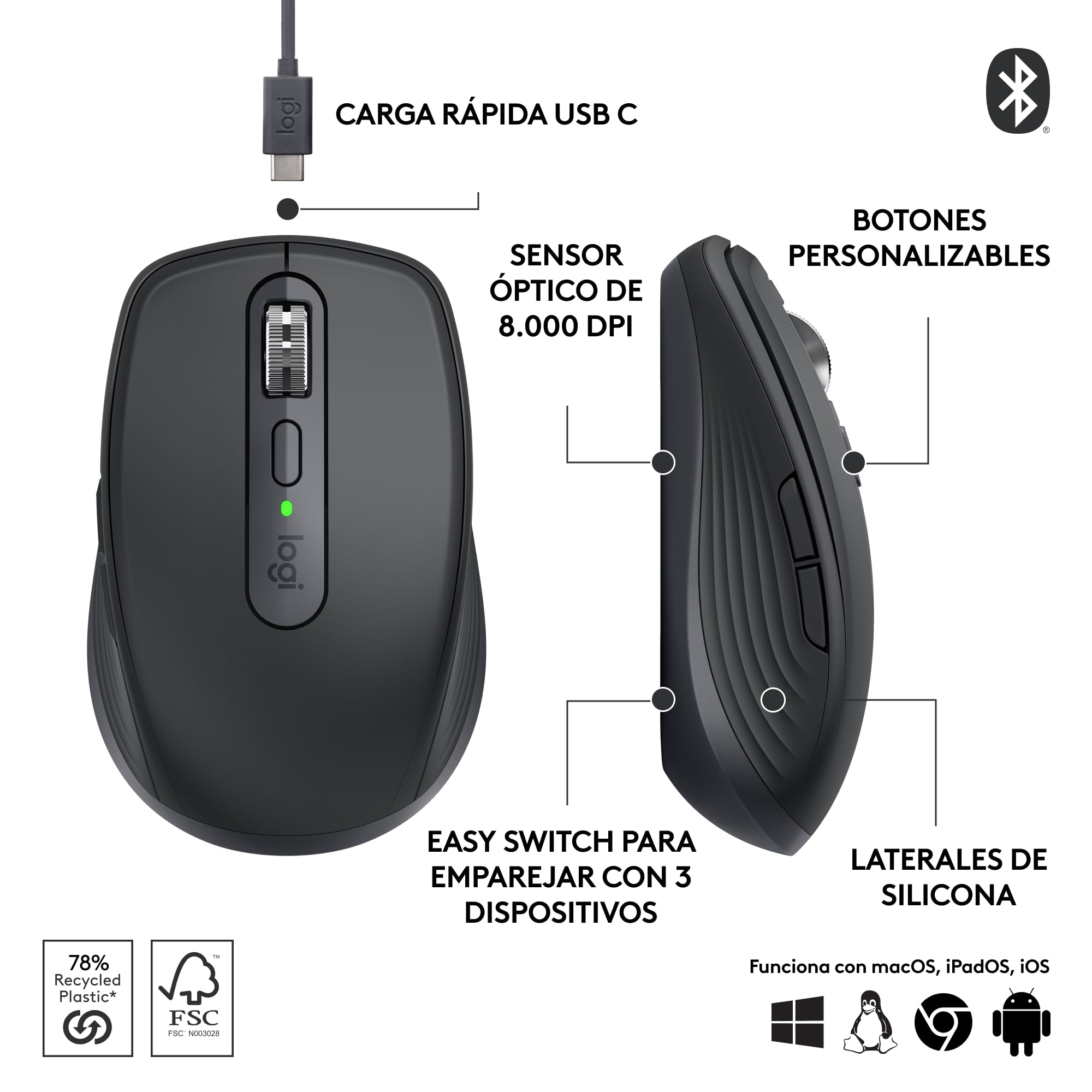 Logitech MX Anywhere 3S Ratón Inalámbrico Compacto, Desplazamiento Rápido, 8K dpi, Clics Silenciosos, Botones Programables, USB C, Bluetooth, Windows PC, Linux, Chrome, Mac - Gris