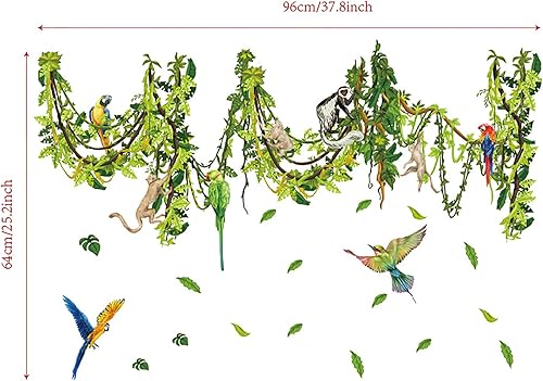Miniatura 7 de Calcomanías de la selva tropical, hojas verdes, loros, animales de la selva, calcomanías de pared de árbol trepador de mono, calcomanía de pared de