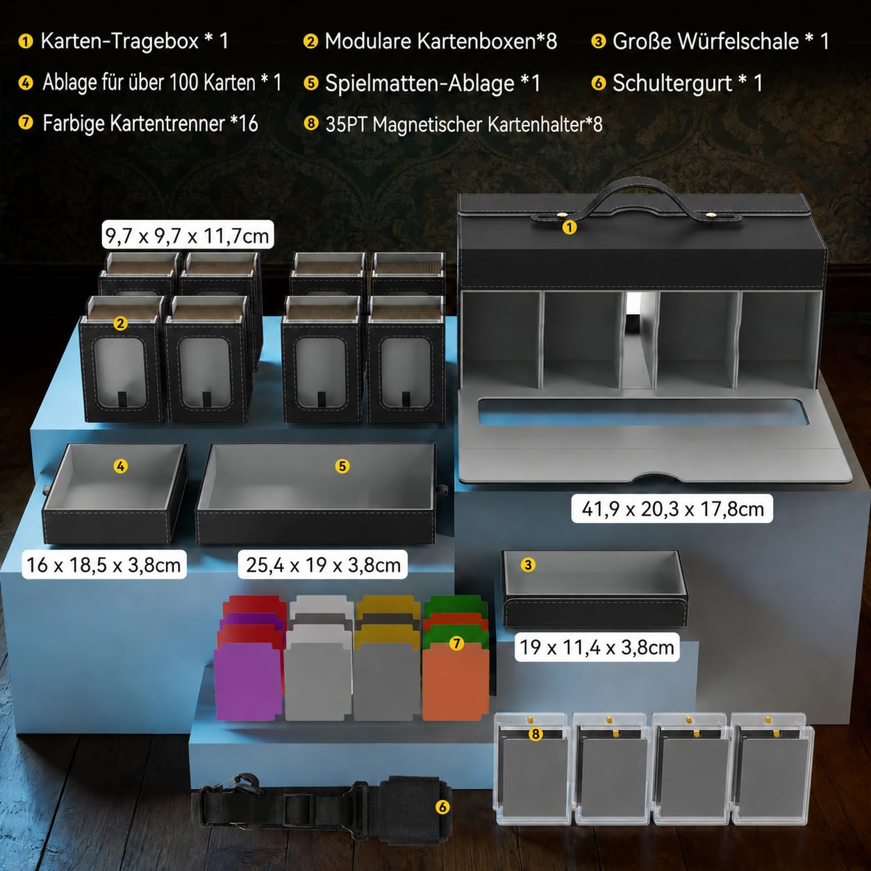 MTG Deckbox 11in1 Commander Deck Box,8 Deck sammelkarten aufbewahrungsbox mit Display&WüRfelablage1000+ DoppelhüLsenkarten,Abnehmbare Sammelkarten Box mit35pt Magnetischen Kartenhaltern Grau