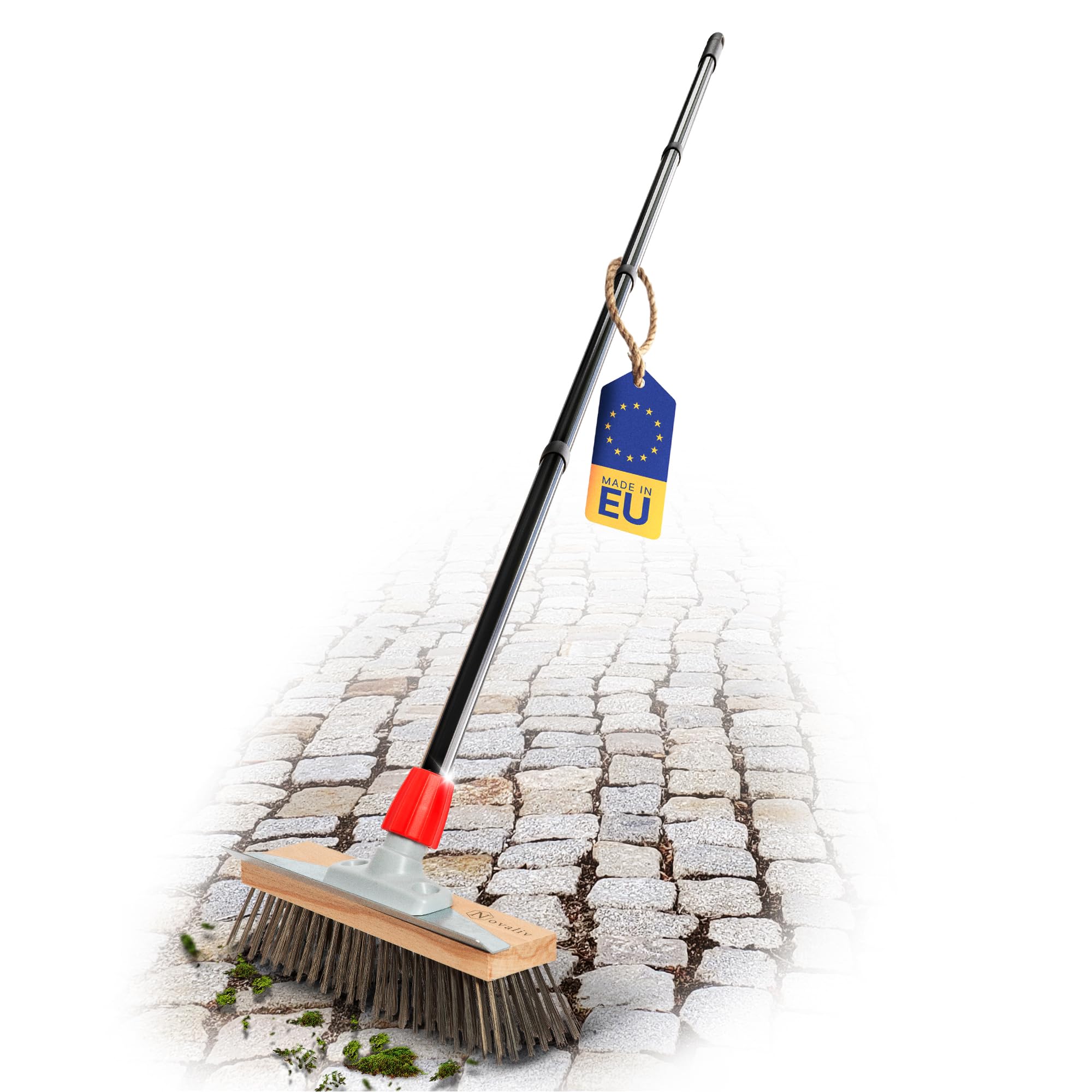 Novaliv Robuuste draadbezem met steel, stalen bezem met 4-delige steel, efficiënte mosverwijdering, draadborstel, voor straatstenen en tuin, staaldraadbezem, moskrabber, pizzaborstel