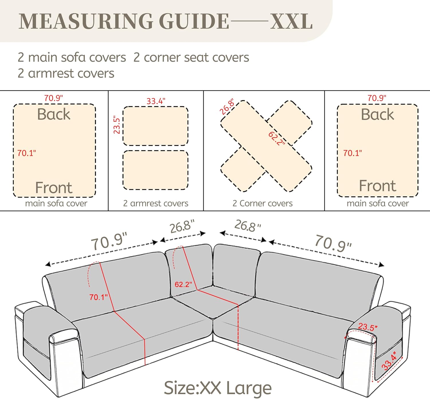 Sectional Couch Covers for Dogs 100% Waterproof Corner L Shaped Sofa Cover Pet Friendly Velvet Washable Anti Slip L Shape Modular Sofa Slipcover Protector with Pockets (Camel, XX-Large)