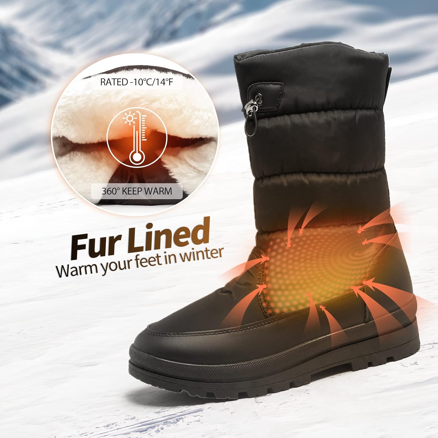 HYPOCRUTE Women's Warm Snow Boots with Fur Lined Black and White Wide Winter Boots Water-resistant Mid Calf Boots for Hiking,Working,Outdoors - Image 3