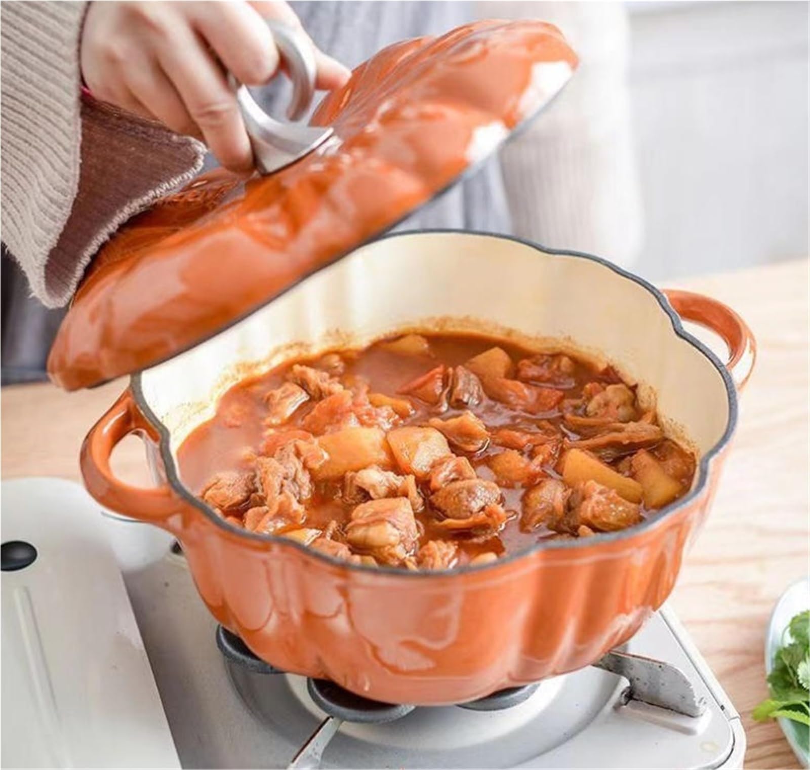 Żeliwny Garnek Żeliwny W Kształcie Dyni Z Pokrywką, Garnek Żeliwny W Kształcie Dyni, 4-QT, Porcja Dla 3-5 Osób, Podwójny Uchwyt, Dekoracja Na Halloween(7.9in)