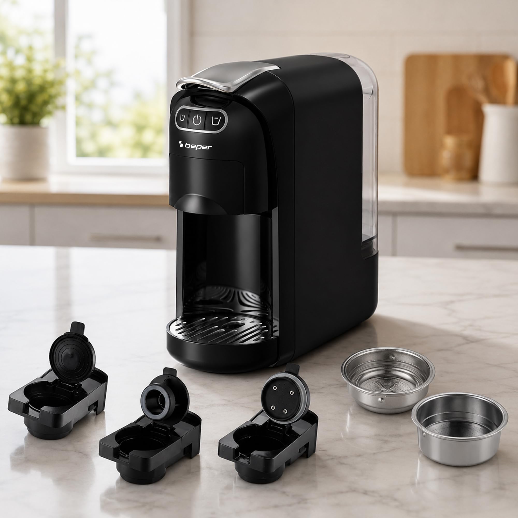 BEPER P101CAF200 Cafetera Espresso Amata 4 en 1, 20 bares, compatible con cápsulas Nespresso® y Dolce Gusto®, monodosis ESE y café molido, 1400 W, depósito de 700 ml