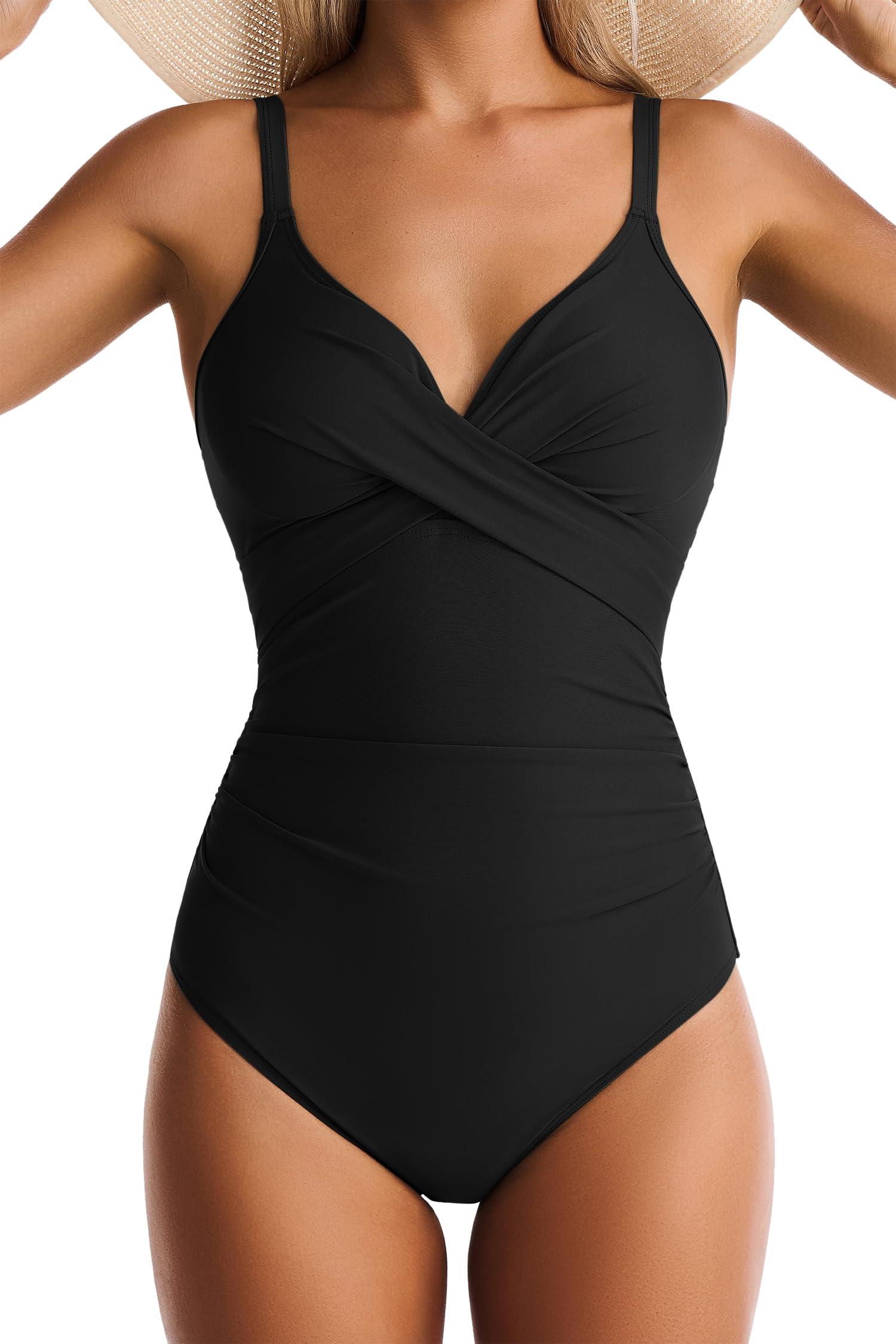 Photo 1 of EVOCRCO Women's One Piece Swimsuits Tummy Control Lace Up Bathing Suits V Neck Slimming Swim Suit Front Cross Wrap Swimwear Black