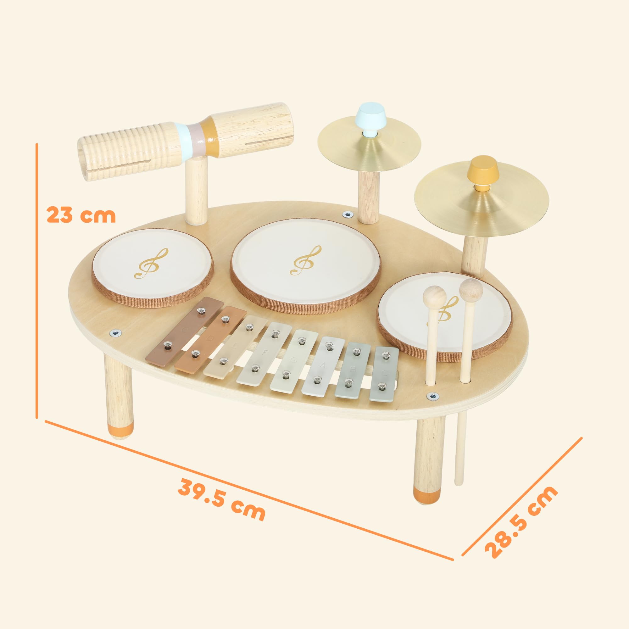 AIYAPLAY Set Musicale per Bambini, Strumenti in Legno e Metallo con Tamburi e Xilofono per Età 2+ Anni, Regali Musicali per Bambini e Bambine, Colore Legno Naturale