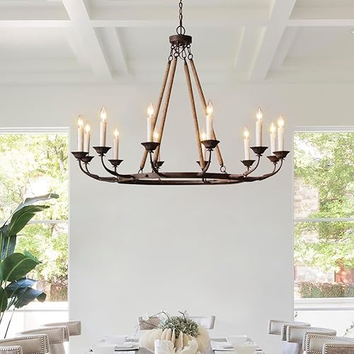 LOVEDIMA Vintage Chandeliers for Dining Room 12-Light Ceiling Light Fixture Flaxen Hemp Rope and Metal Rustic Round Candelabra Chandelier in Rust