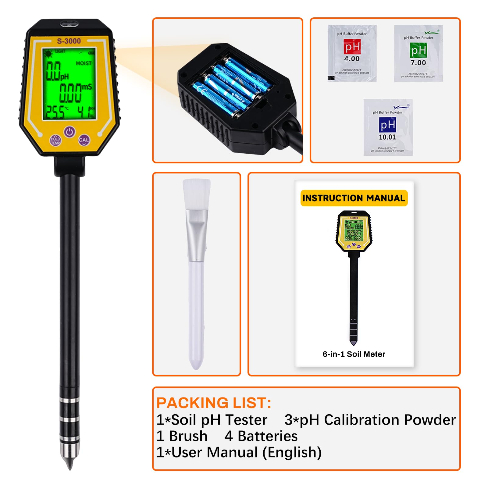 6 in 1 Misuratore PH Terreno Igrometro per Piante Misuratore umidità Terreno Sensore umidità Terreno Fotometria Solare/PH/EC/Temperatura/umidità del Suolo/umidità dell'Aria Display LCD.
