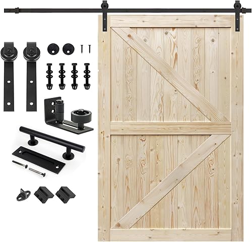 Miniatura 41 de S&Z TOPHAND 48" x 80", Puerta estilo granero British Brace de madera nudosa, sin terminar, con kit de herrajes para puerta corredera de 8', madera
