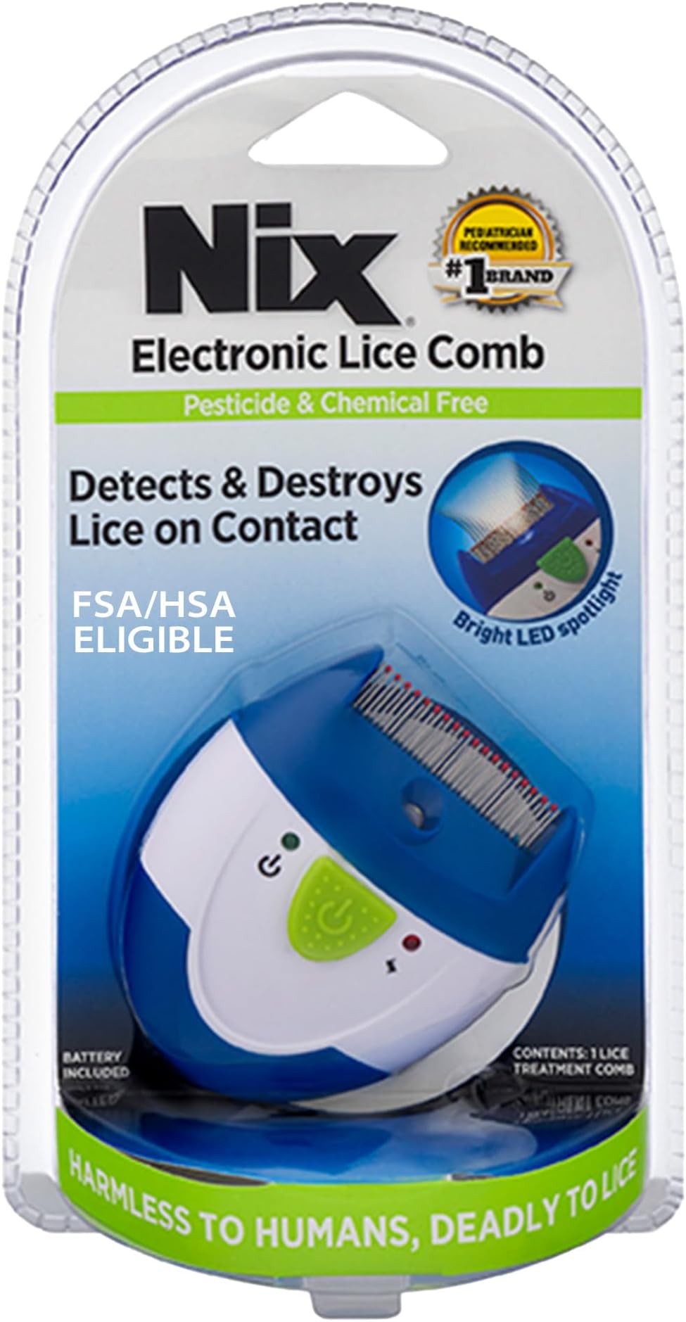 Nix Electronic Lice Comb, Effective Lice Treatment without Pesticides or Chemicals, 1 Count