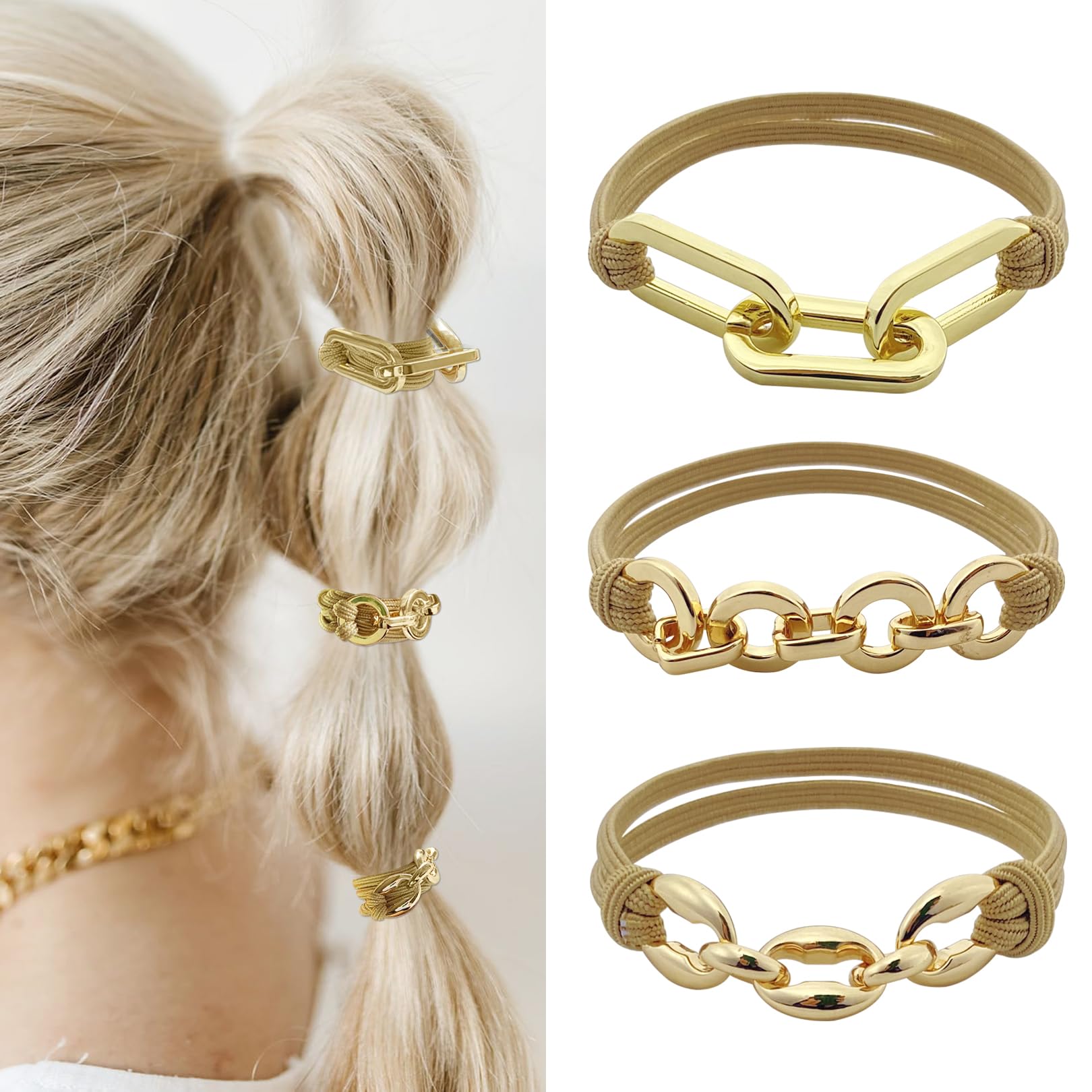 Bracelet Hair Ties, Ponytail Holders Cute Strong Elastic Band With Gold Jewelry For Red Blonde Brown Hairs