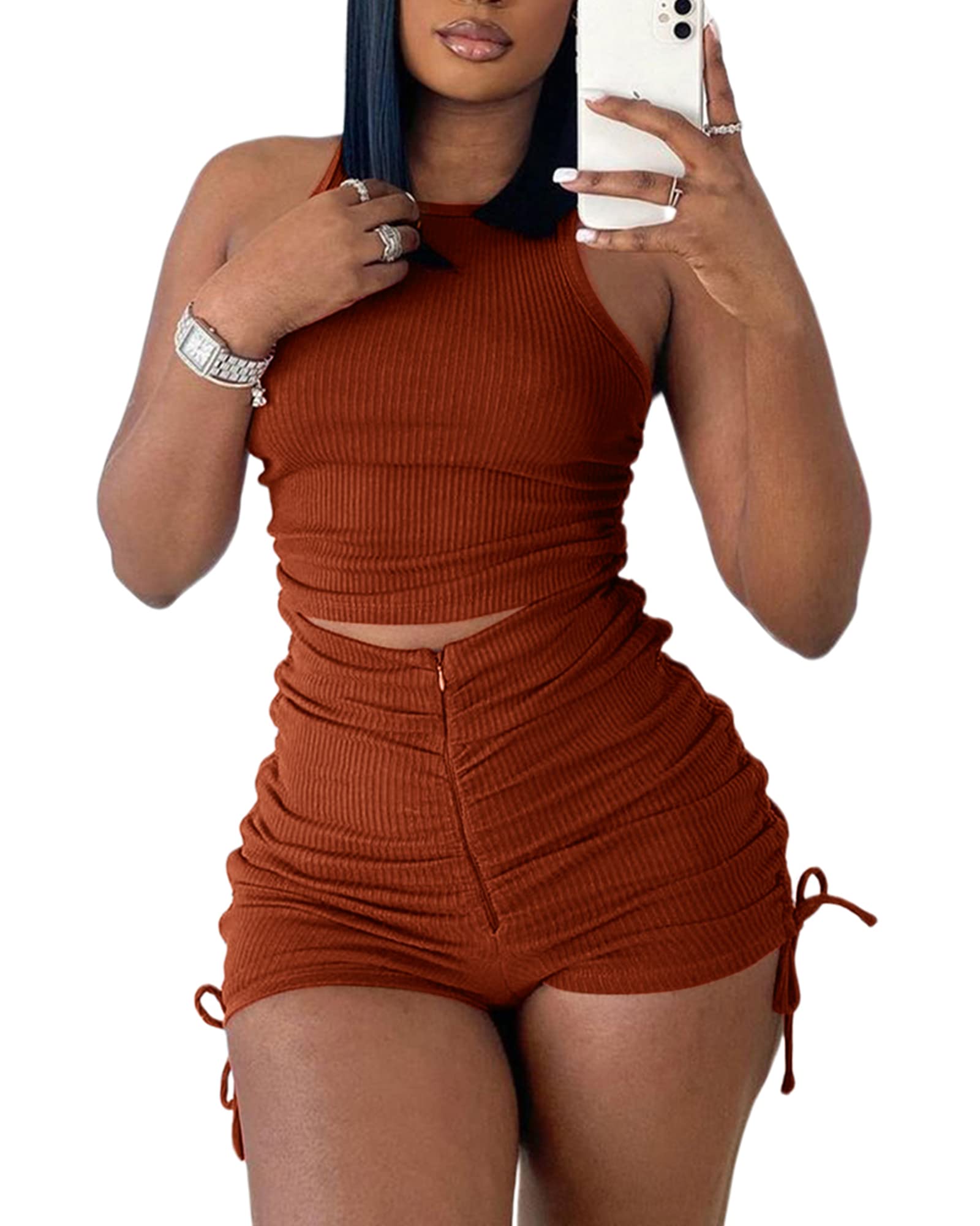 2 Piece Outfits for Women Summer Crop Top Tank High Waist Bodycon Ribbed Solid Sweatsuits Tracksuits Casual Shorts Set Romper