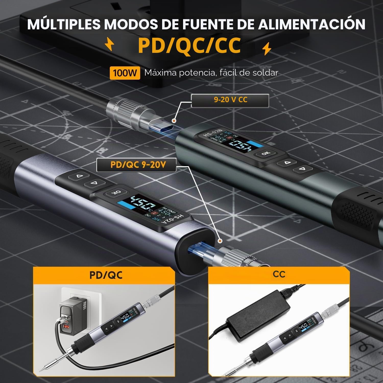 HS-02A Soldador De Estaño Profesional, Calentamiento Rápido Ajustable De 212 A 842 °F Con 6 Puntas De Soldadura Y Adaptadores CNC 100 W Kit De Soldadura Electrónica