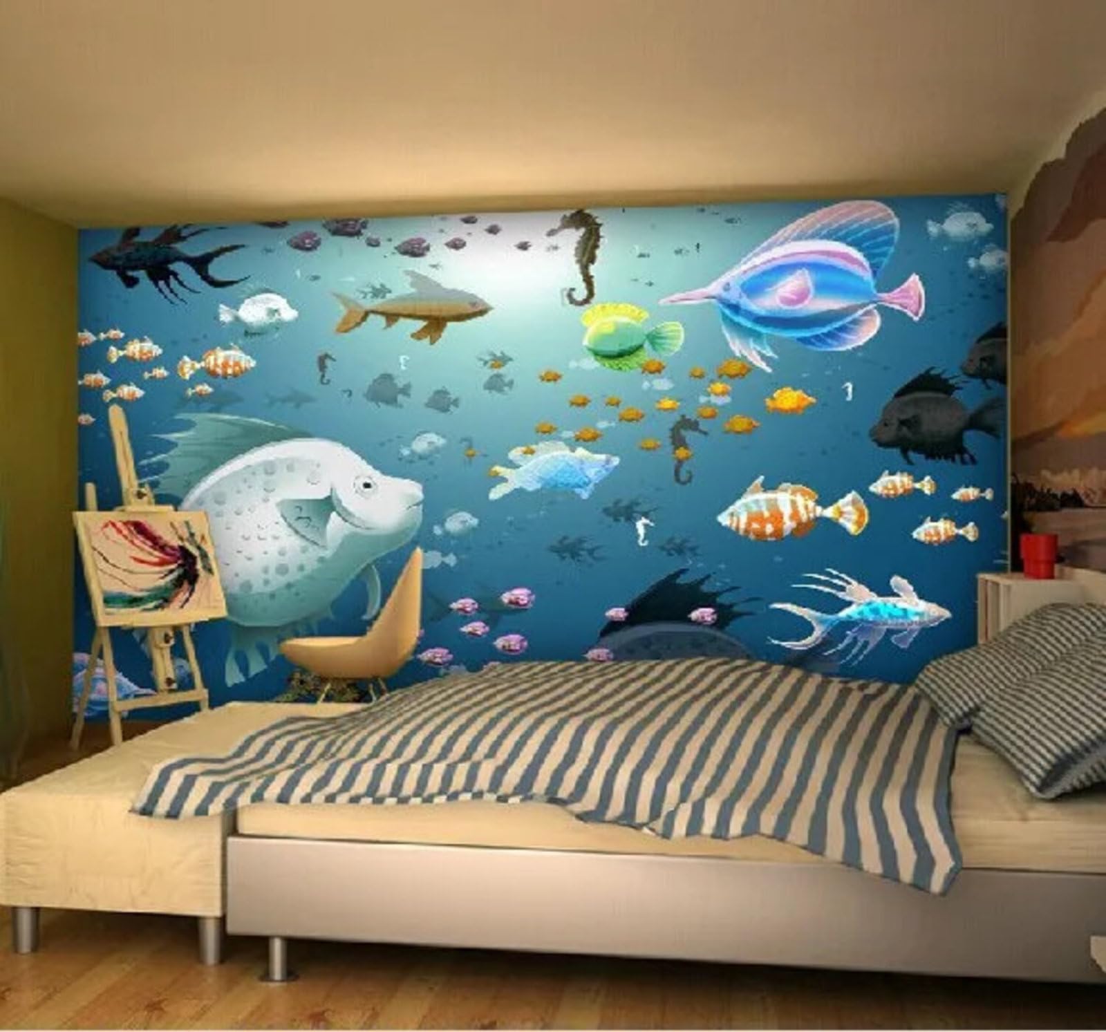 Wallpaper-3D-Xlm 250Cm×170Cm(B×H) Fresh Cartoon Blue Underwater World School Of Fish 3D Wallpaper Easy Install Feature Office Living Room Sofa Bedroom Tv Background Wall Decoration-250Cm×170Cm