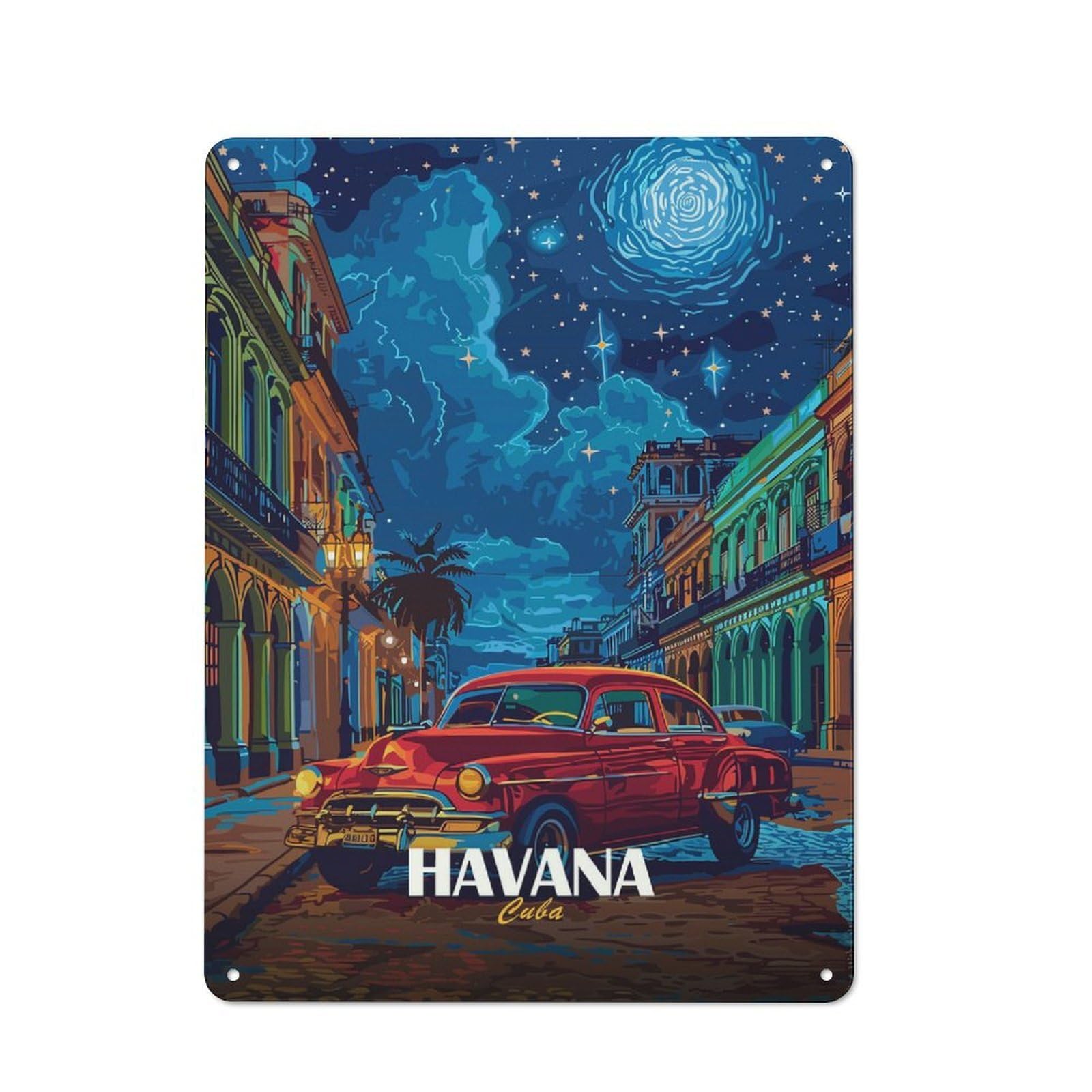 Junmoney Style-21 For Lounge Or Reading Corner, Havana, Cuba Classic Car At Night Vintage Metal Sign 40X30cm, For Collectors Decorating Lounges And Reading Corners