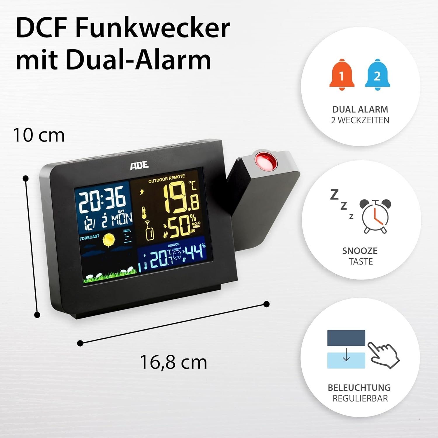 ADE WS1911 Weather Station showing dual alarm and snooze function.