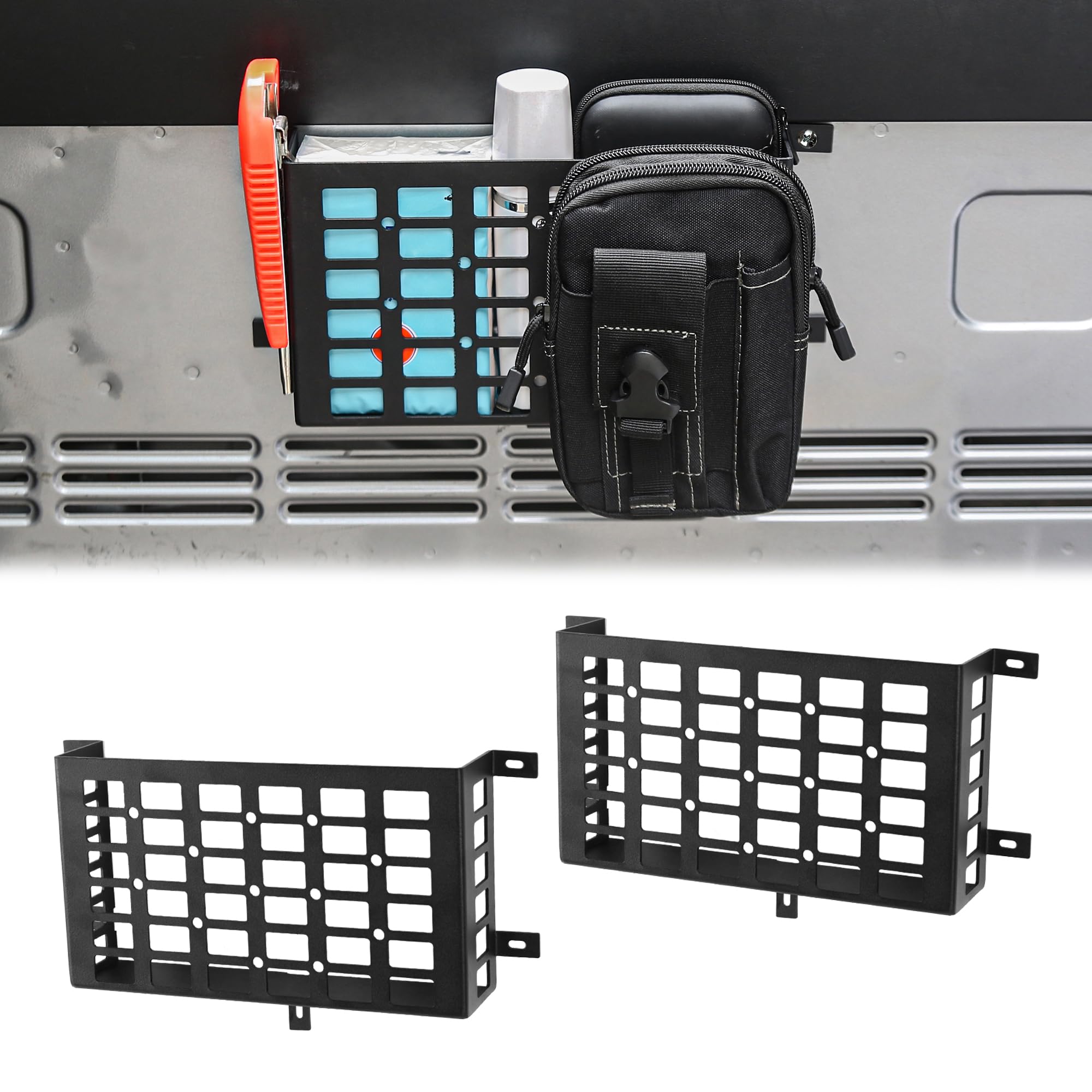 2 scatole portaoggetti universali in metallo per auto, piccole tasche cargo con pannello Molle, sistema di archiviazione per auto, camion, camper, barca, casa, nero