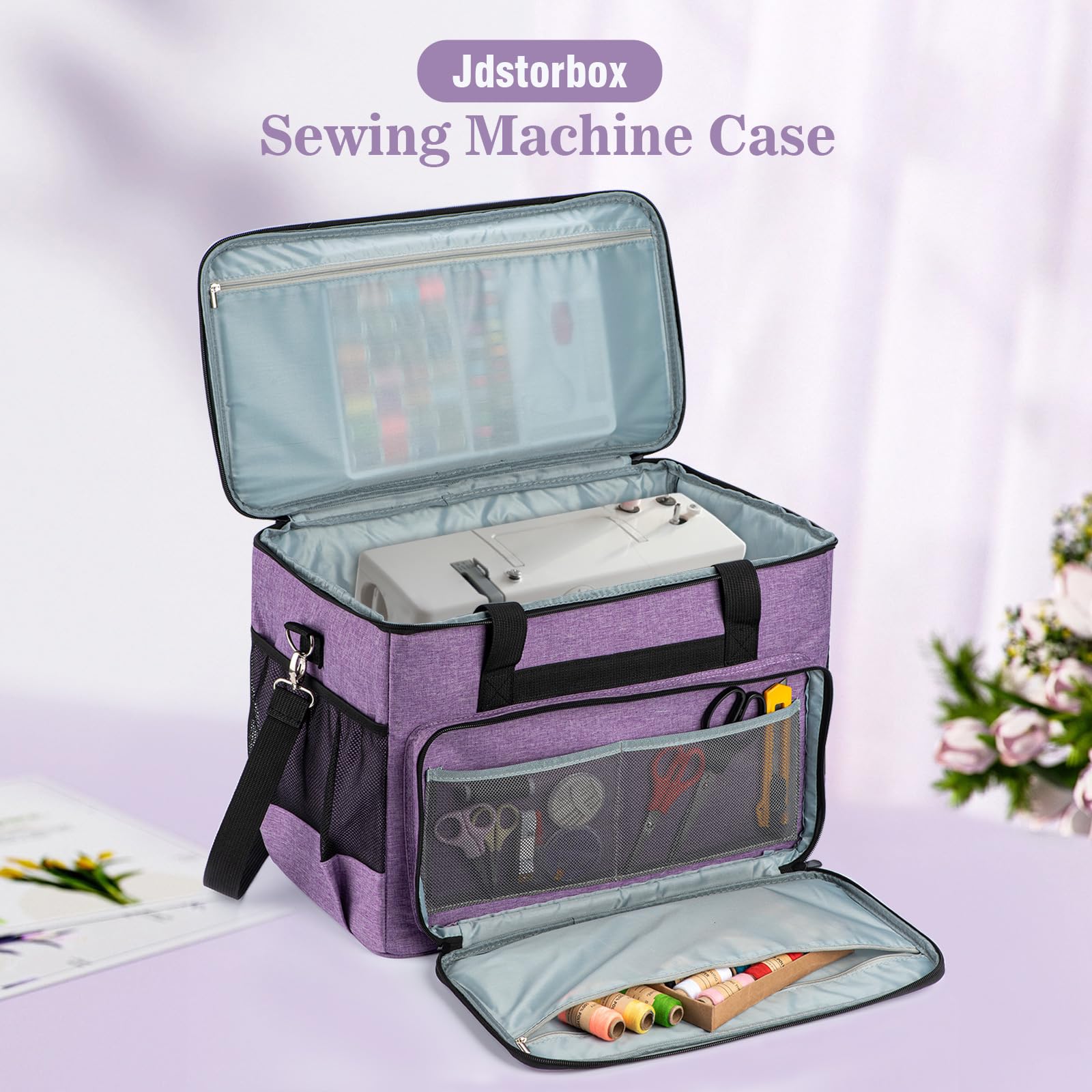 Jdstorbox Sewing Machine Carrying Case,Sewing Accessories Organizer With Removable Padding,Tote Bag With Multiple Storage Pockets?Shoulder Strap,Craft Supplies Organizer,Travel Bag (Purple)