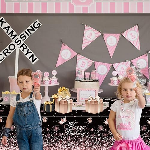 Miniatura 6 de Mantel de plástico color oro rosa negro (paquete de 4), manteles de fiesta de 86 x 51 pulgadas para suministros de fiesta de cumpleaños con temática