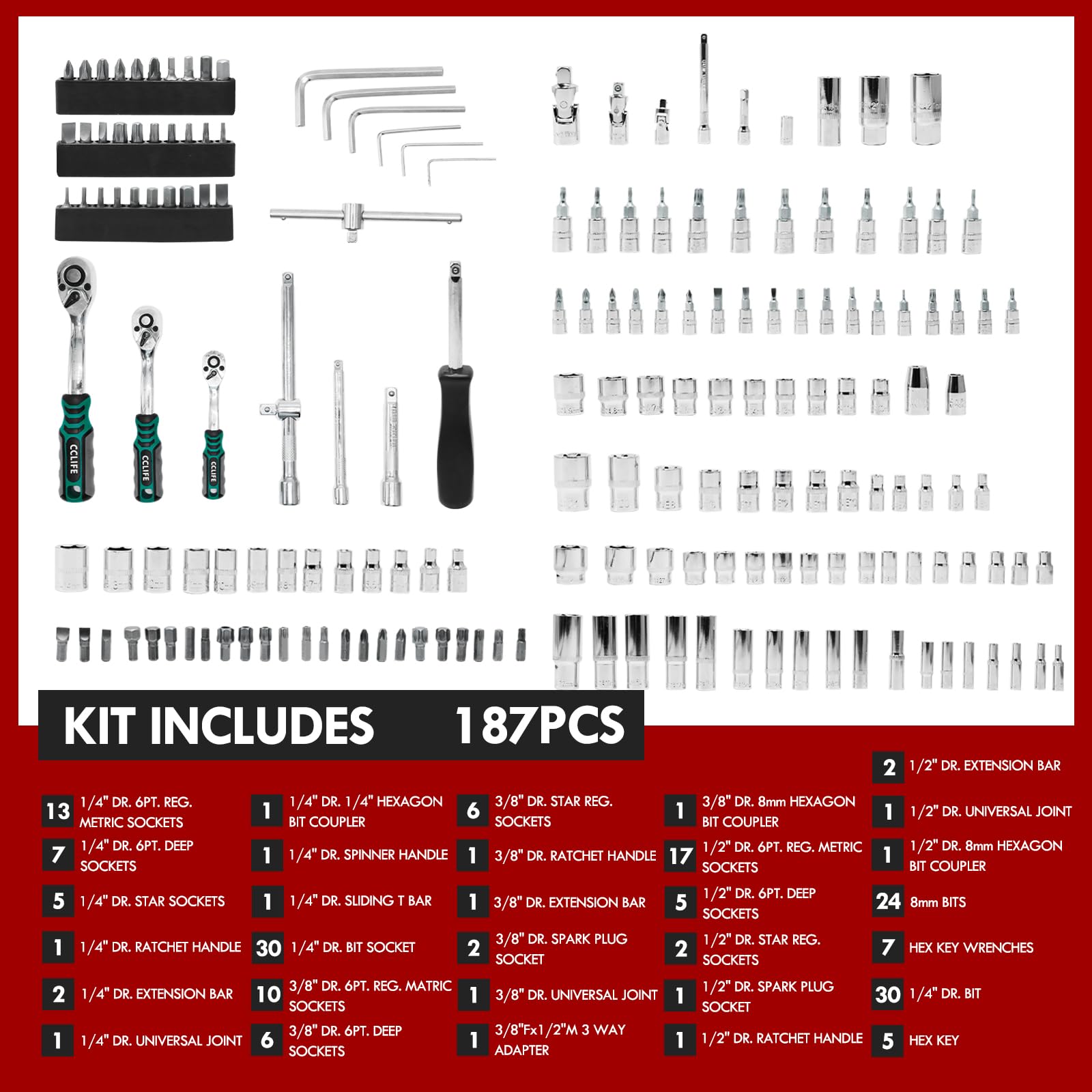 CCLIFE 187 tlg Steckschlüsselsatz Cr-V Ratschenkoffer Werkzeugkoffer 72 Zähne 1/2" 1/4" 3/8" Sechskant Steckschlüsseleinsatz Torx, Schlitz, Phillips, Pozidrive Bit Steckschlüsseleinsätze (187 tlg)