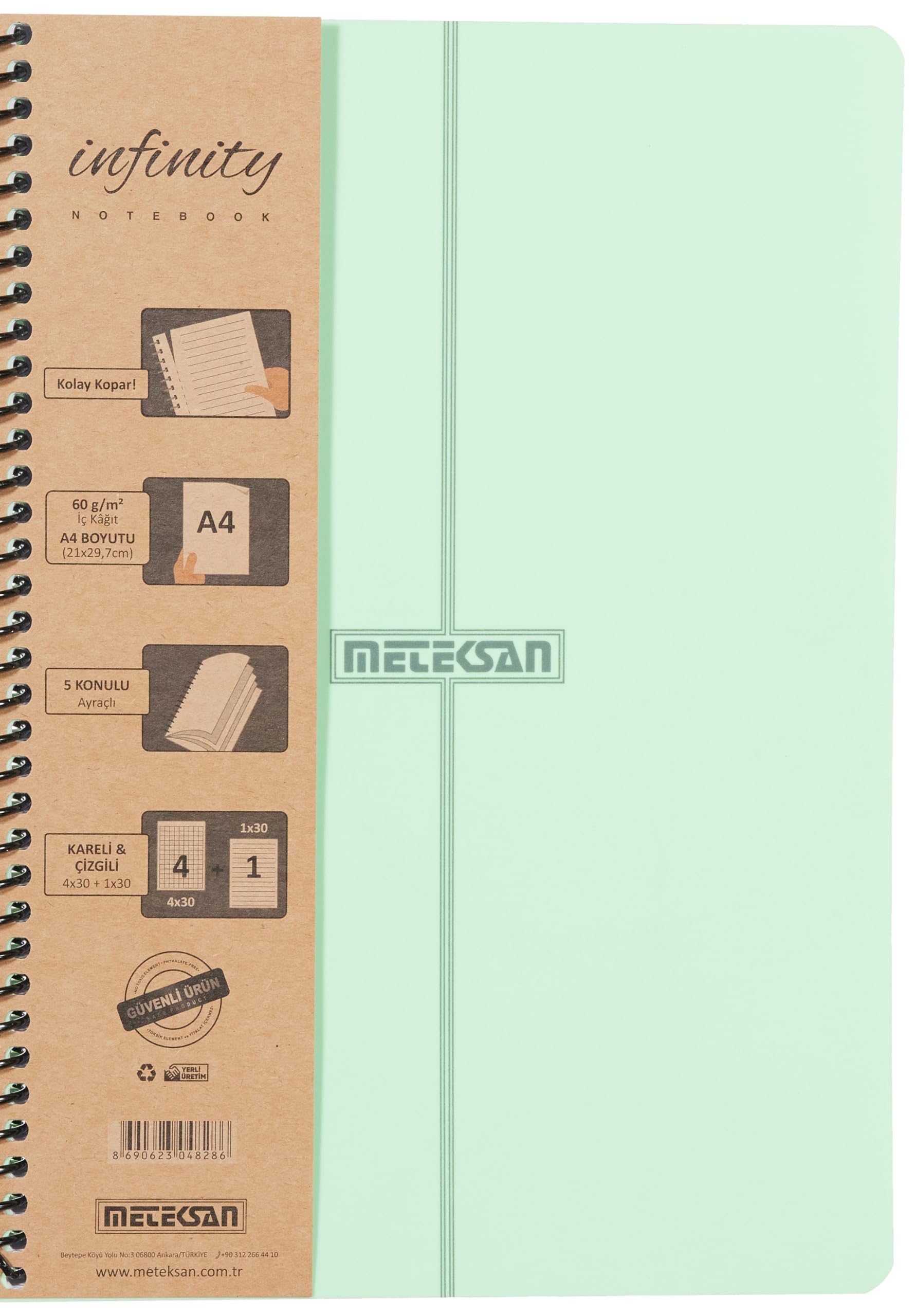 Meteksan Infinity Pastel Serisi, A4, 5 Konulu (4 Kareli, 1 Çizgili) 150 Yaprak PP Kapaklı Spiralli Defter, Yeşil
