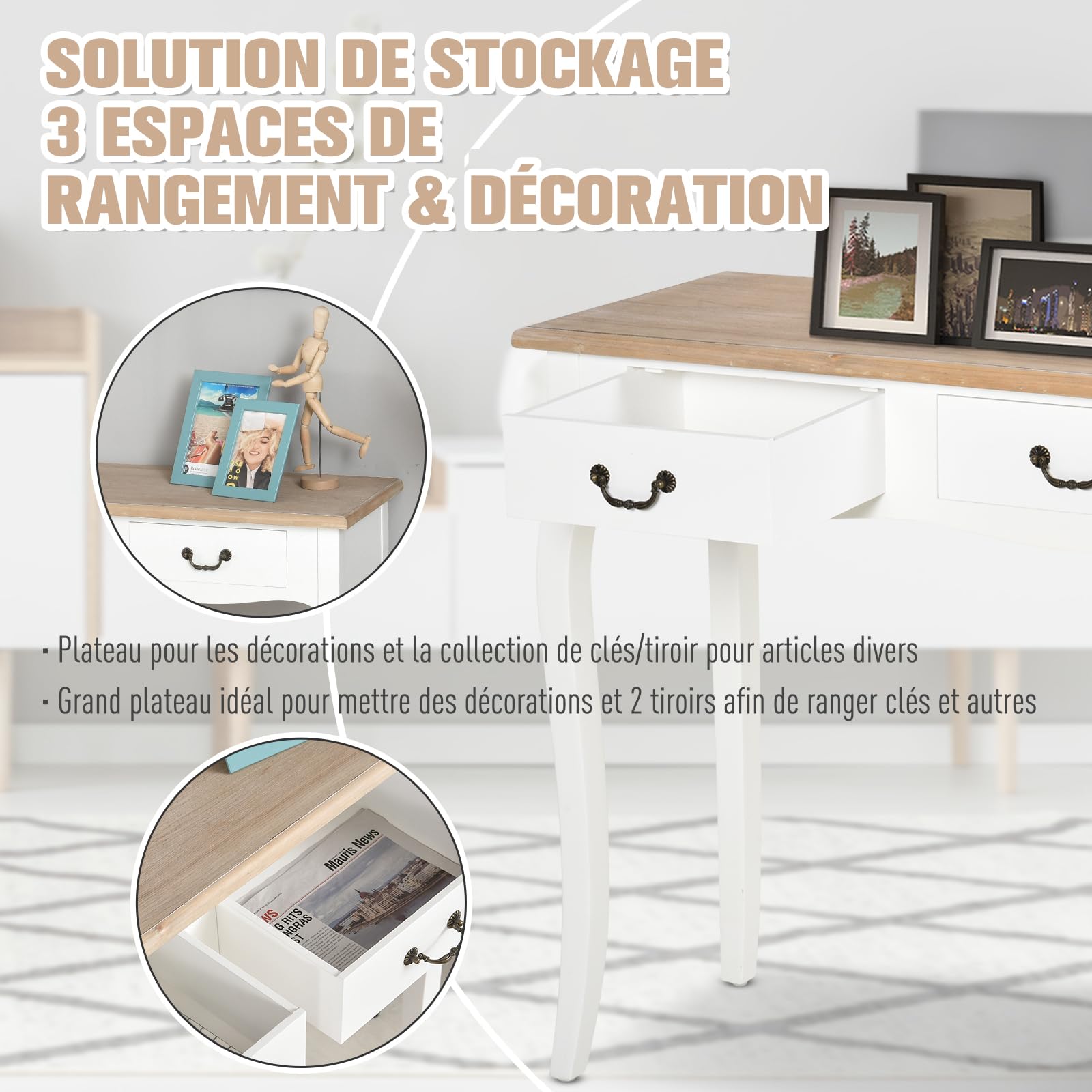 HOMCOM Table Console Style Mexicain 2 Tiroirs 87L x 34l x 78H cm Blanc | Table d'Entrée, Bout de Canapé, MDF Bois Massif Pin Clair, Meubles de Salon