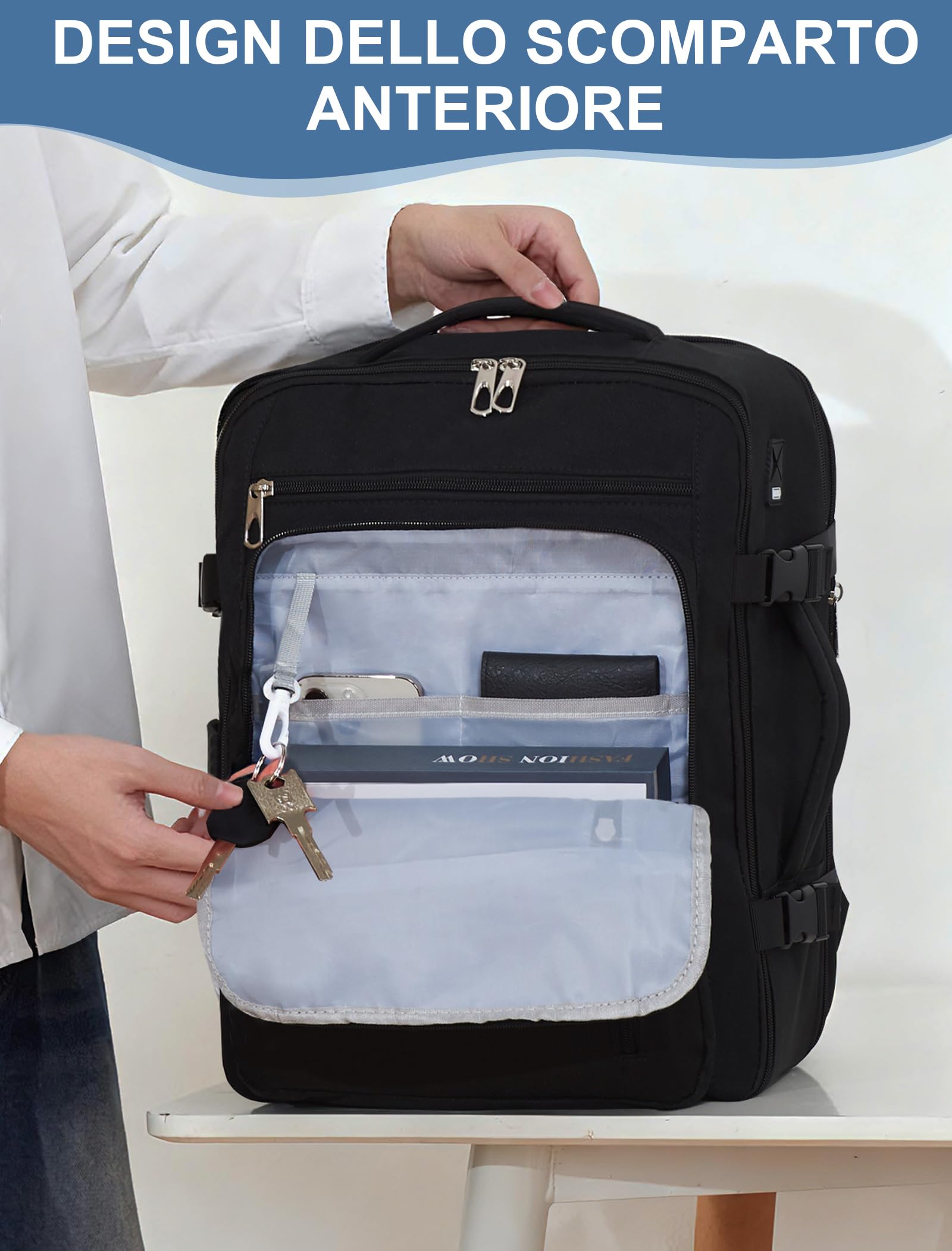 Zaino Ryanair 40x30x20 Bagaglio a Mano per Wizzair/Vueling (24-30L Espandibile) Zaini da Viaggio Cabina,Borsa Aereo Porta PC Laptop 15.6" Per Donna,Uomo,Trekking e Lavoro.Travel Backpack Nero