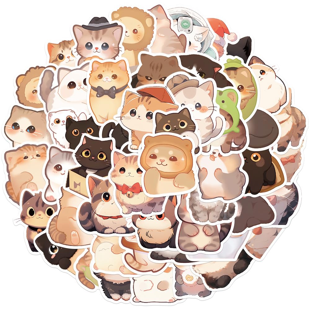 50Pcs Lovely Cat Stickers Laptop Car Scrapbook Phone Skateboard Suitcase Luggage Bike Cat Stickers Vinyl Waterproof Aesthetic Personalised Stickers for Teens Boys Girls Adults Children