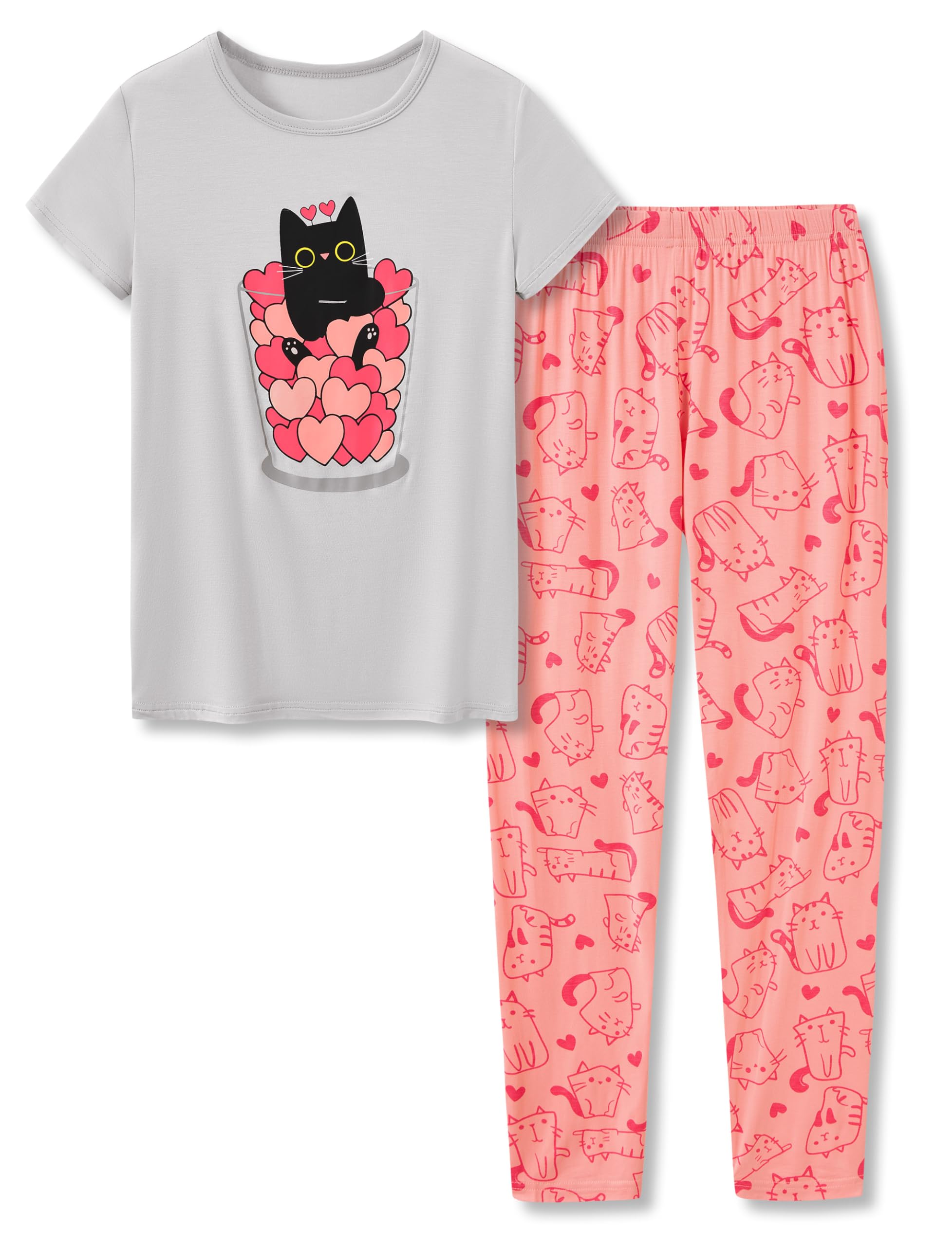 Tebbis Little & Big Girls Striped & Cat Pajama Set - Soft Modal Fiber 2-Piece Summer PJ’s in Sizes 6-18