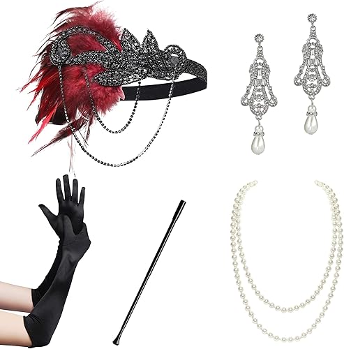 BABEYOND 1920s Flapper Accessories Set Gatsby Costume Accessories 20s Flapper Headband Pearl Necklace Gloves Holder