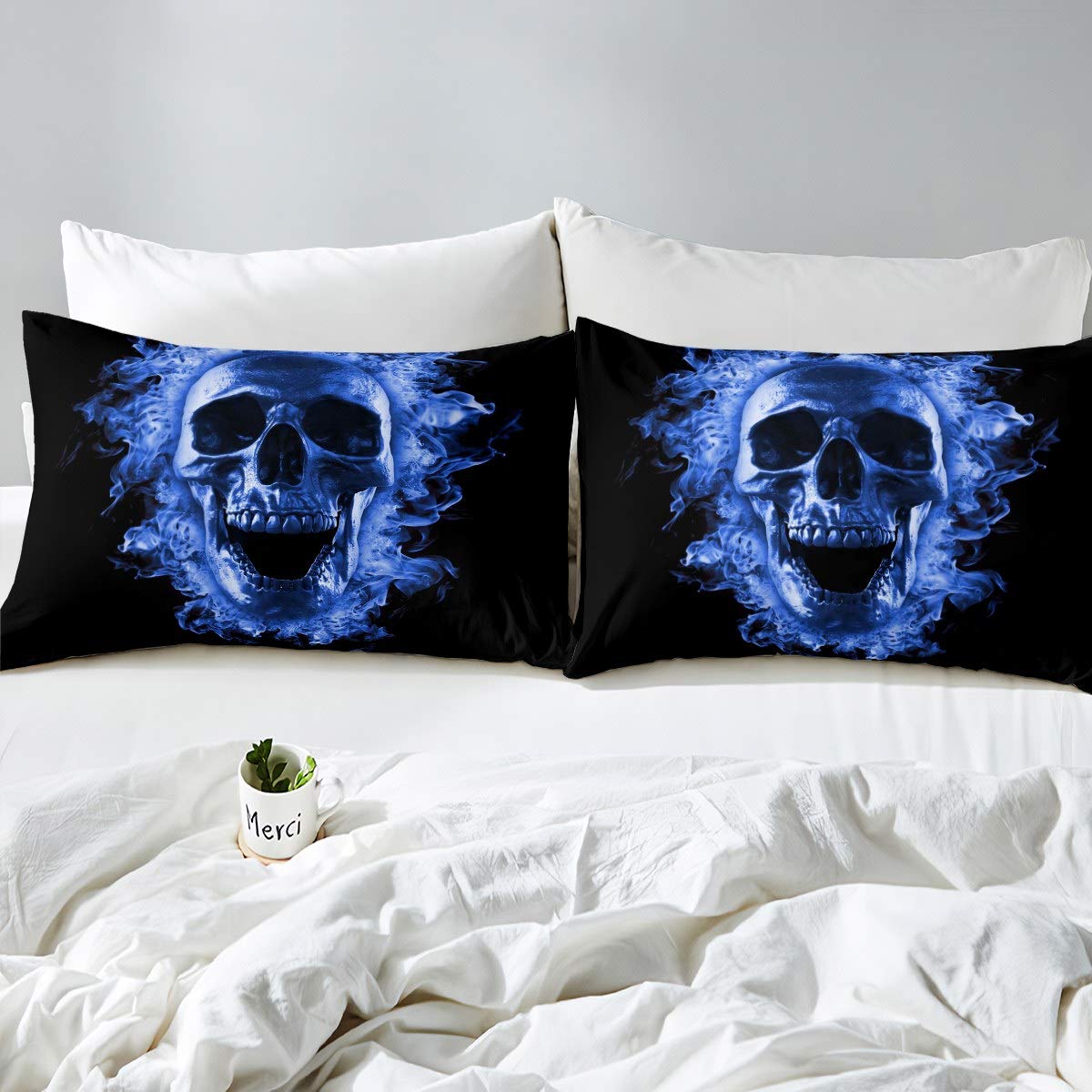 AILONEN Piumino Matrimoniale Teschio Di Fuoco 3D - Morbida Federa In Microfibra, Set Letto Scheletro Fiammeggiante Per Camera Uomo (170x215 Cm + Federe) - 2