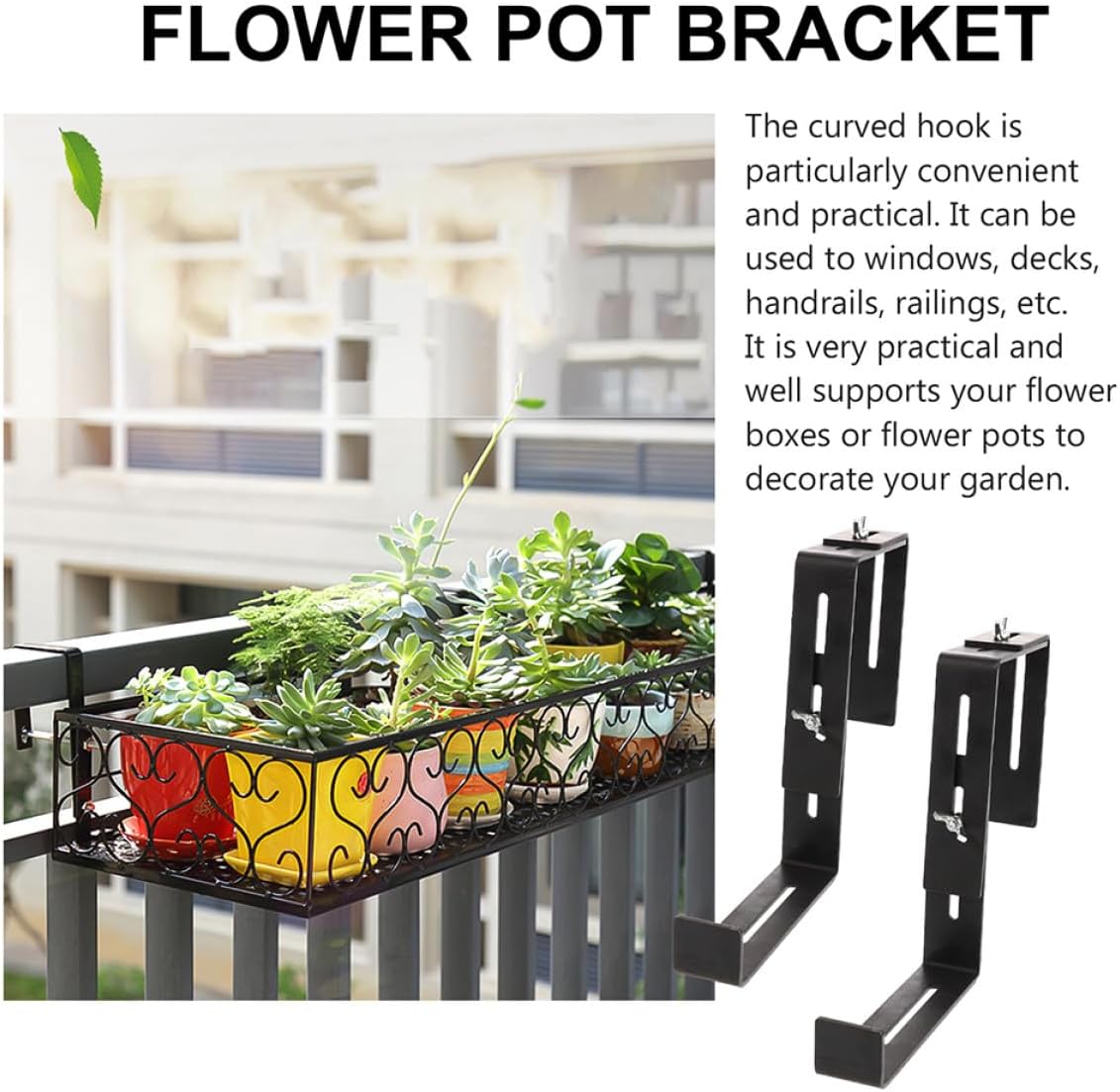 Railing Flower Pot Bracket Plant Pot Holder for Square Planters Outdoor Balcony Garden Flower Planter Shelf with Mounting Hangers 2 Sets