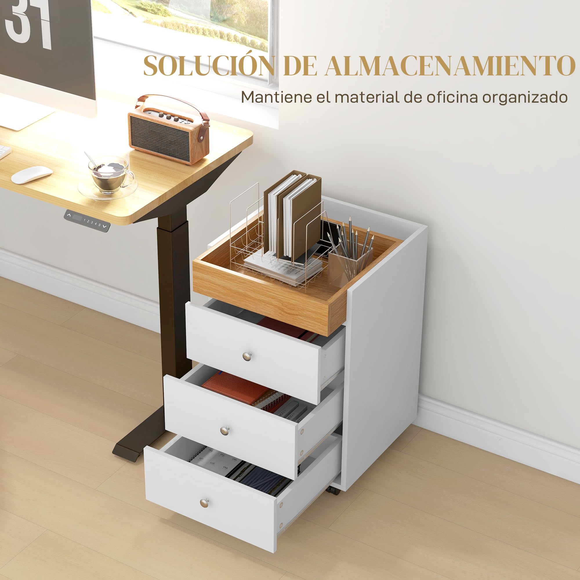 HOMCOM Meuble de Rangement, Commode de Bureau Accessoire Bureau avec 4 Roulettes, 3 Tiroirs et 1 Plateau Amovible, Charge 30 kg, pour Studio, Salon, 43 x 40 x 66,5 cm, Blanc et Naturel
