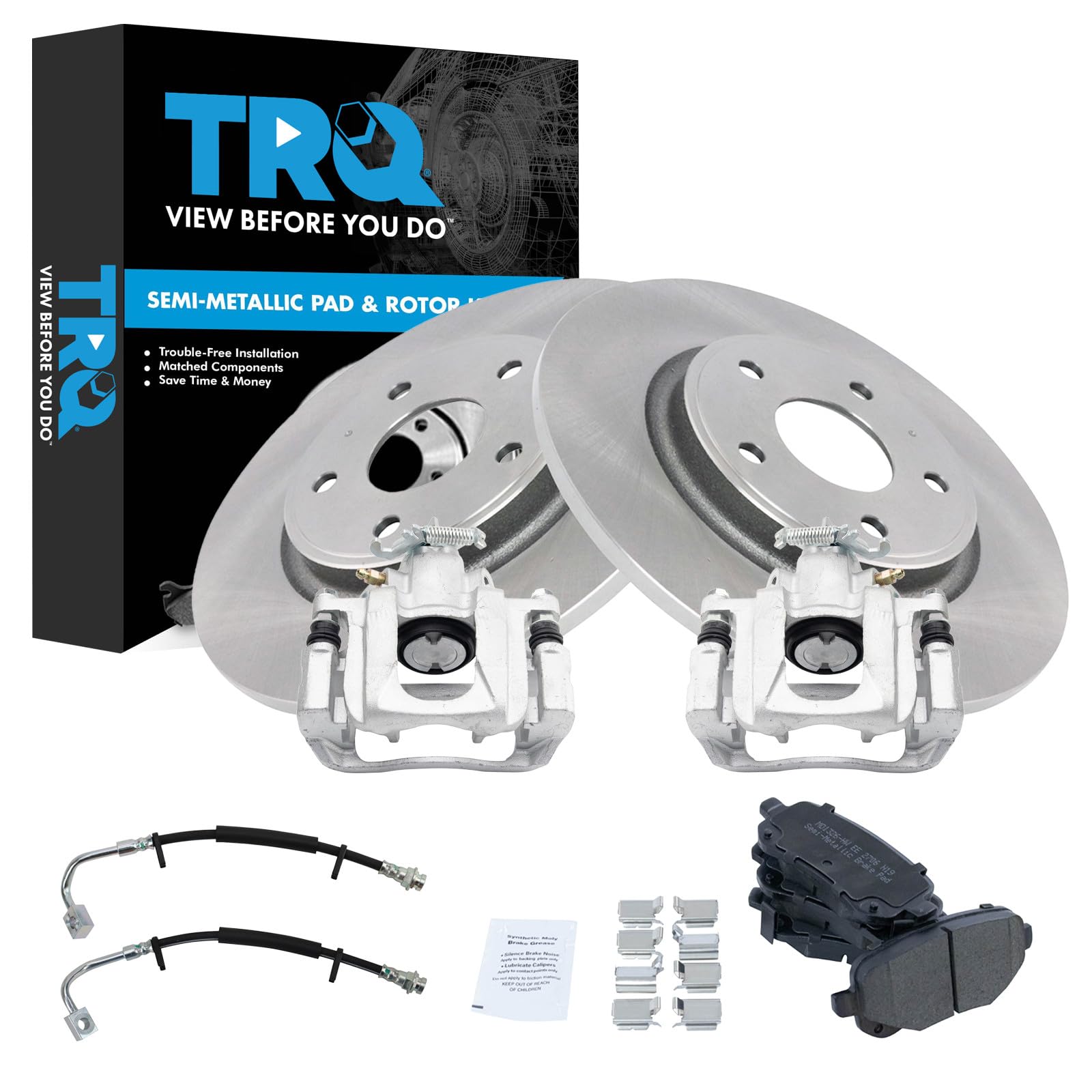 TRQ Rear Brake Pad and Rotor Set Semi Metallic Rotors Calipers Hoses Compatible with 2012 Volkswagen Routan
