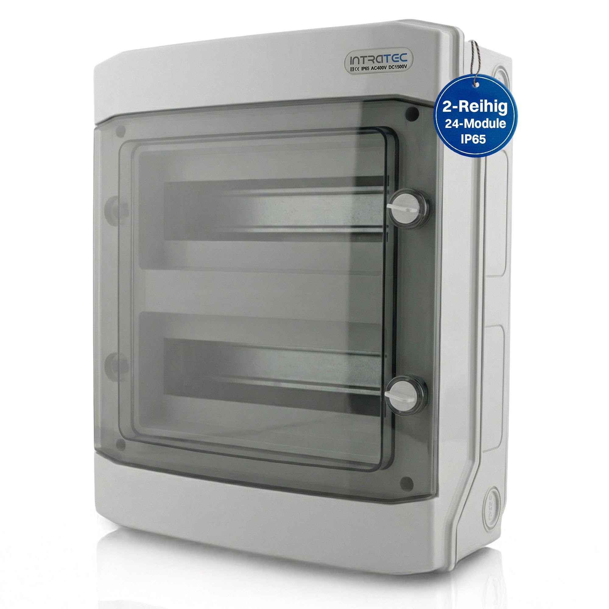 Intratec Verteilerkasten Aufputz 2 reihig – IP65 Sicherungskasten für 24 Module – Feuchtraum Verteiler für Garten, Keller, Garage & Außenbereich – 400VAC 1500VDC Kleinverteiler, 318 x 384 x 144 mm