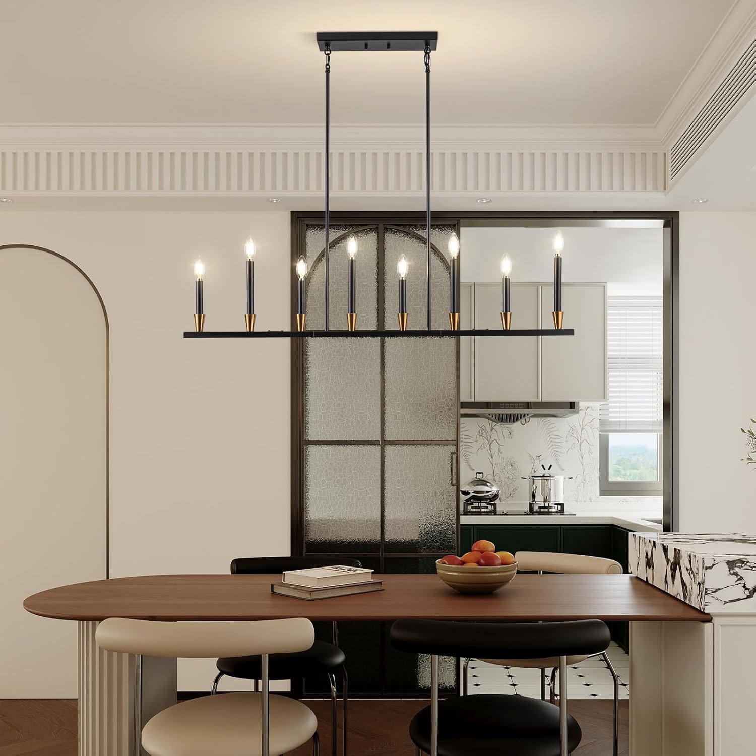 Linear Chandelier 46'' Black and Gold Dining Room Light Fixtures 8-Light Candle Chandeliers Modern Linear Pendant Light for Kithcen Island Black Long Island Light