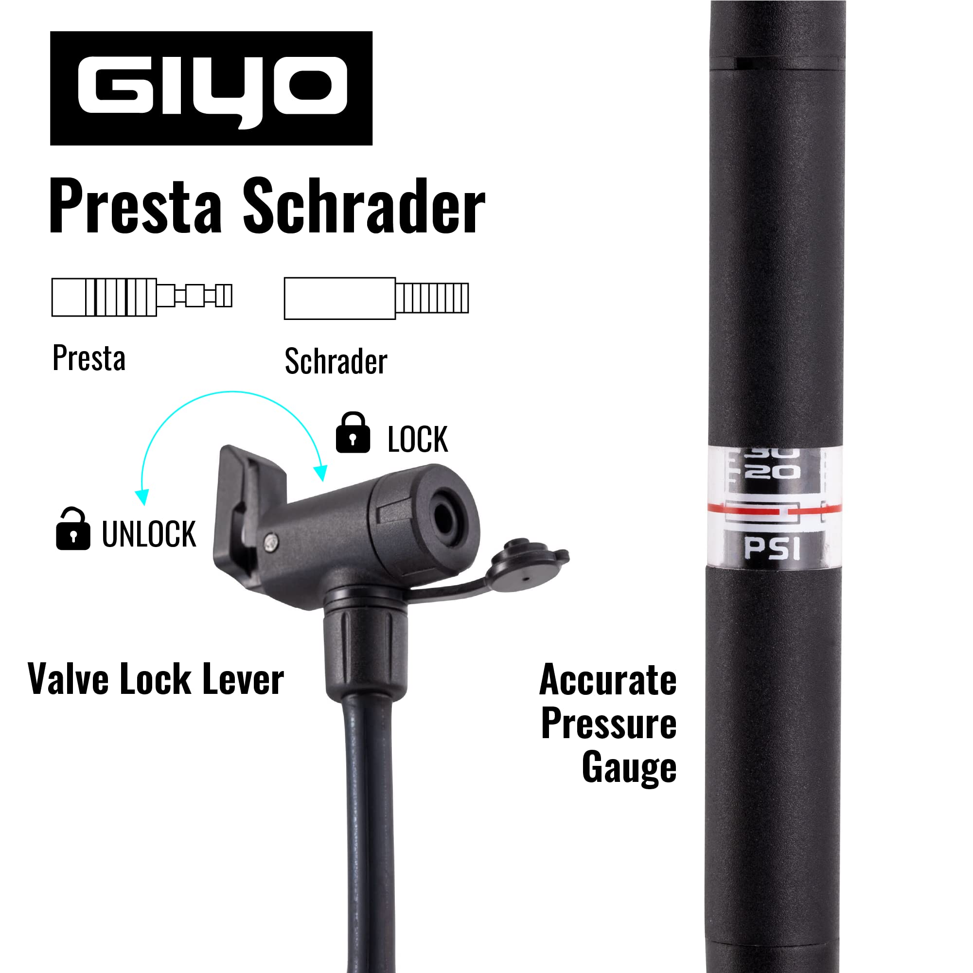 GIYO Mini pompa da pavimento per bici con manometro Pompa per pneumatici per bici portatile e leggera, in alluminio ad alto volume di pompaggio Presta/Schrader Telaio Montaggio Taiwan Made (GM-641)
