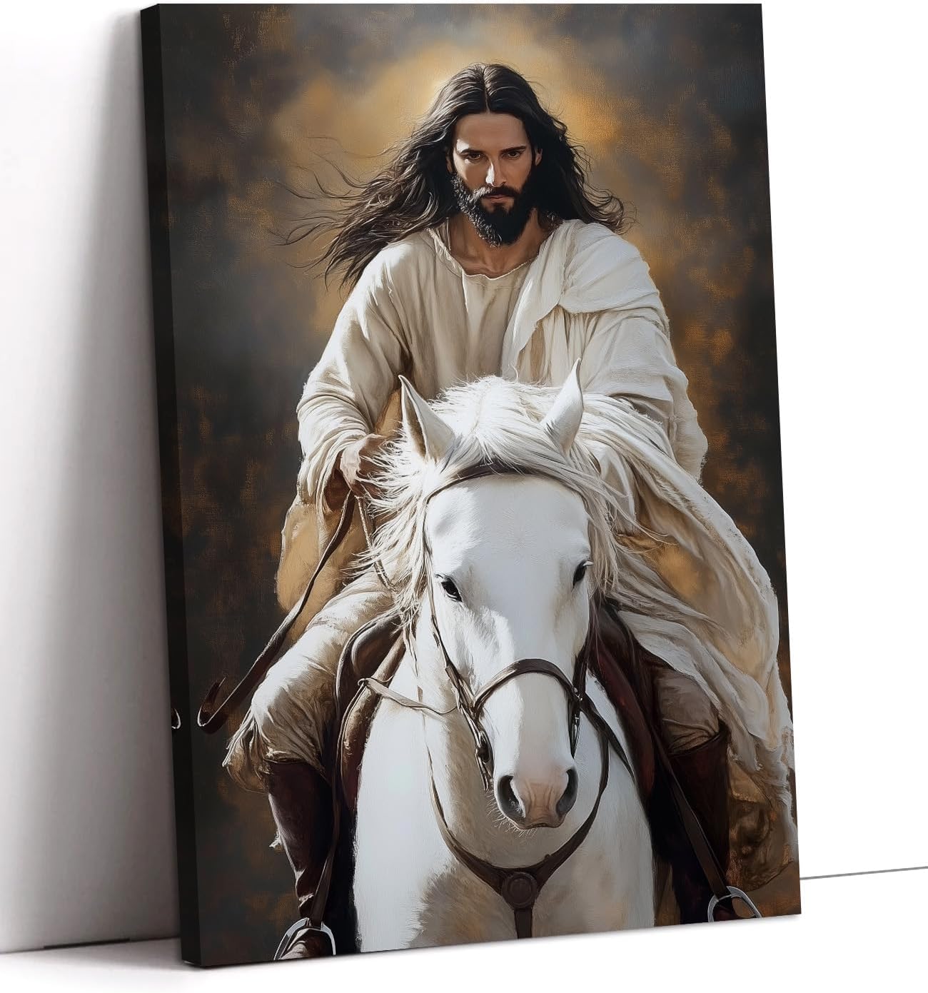 Jesus Wall Art Christian Decor Framed Christ Jesus Touching Horse Head Picture Vintage Paintings Religion Spiritual Canvas Prints Living Room Bedroom Ready to Hang - 12.00"x18.00"