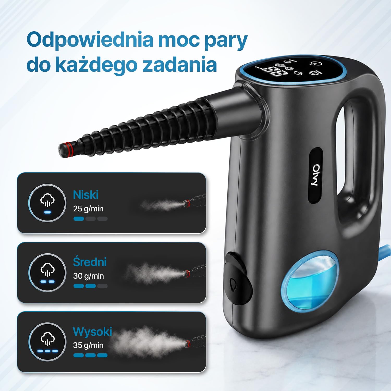Olvy Ręczna myjka parowa 1200 W wysokociśnieniowa przenośna parownica z 3 poziomami pary i 10-częściowym zestawem akcesoriów, zbiornikiem 380 ml, do płytek domowych, mebli, kuchni i łazienki